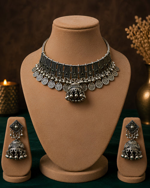 Antique Oxidized Vertical-Ribbed Paneled & Coin-Fringed Jhumka Choker Set