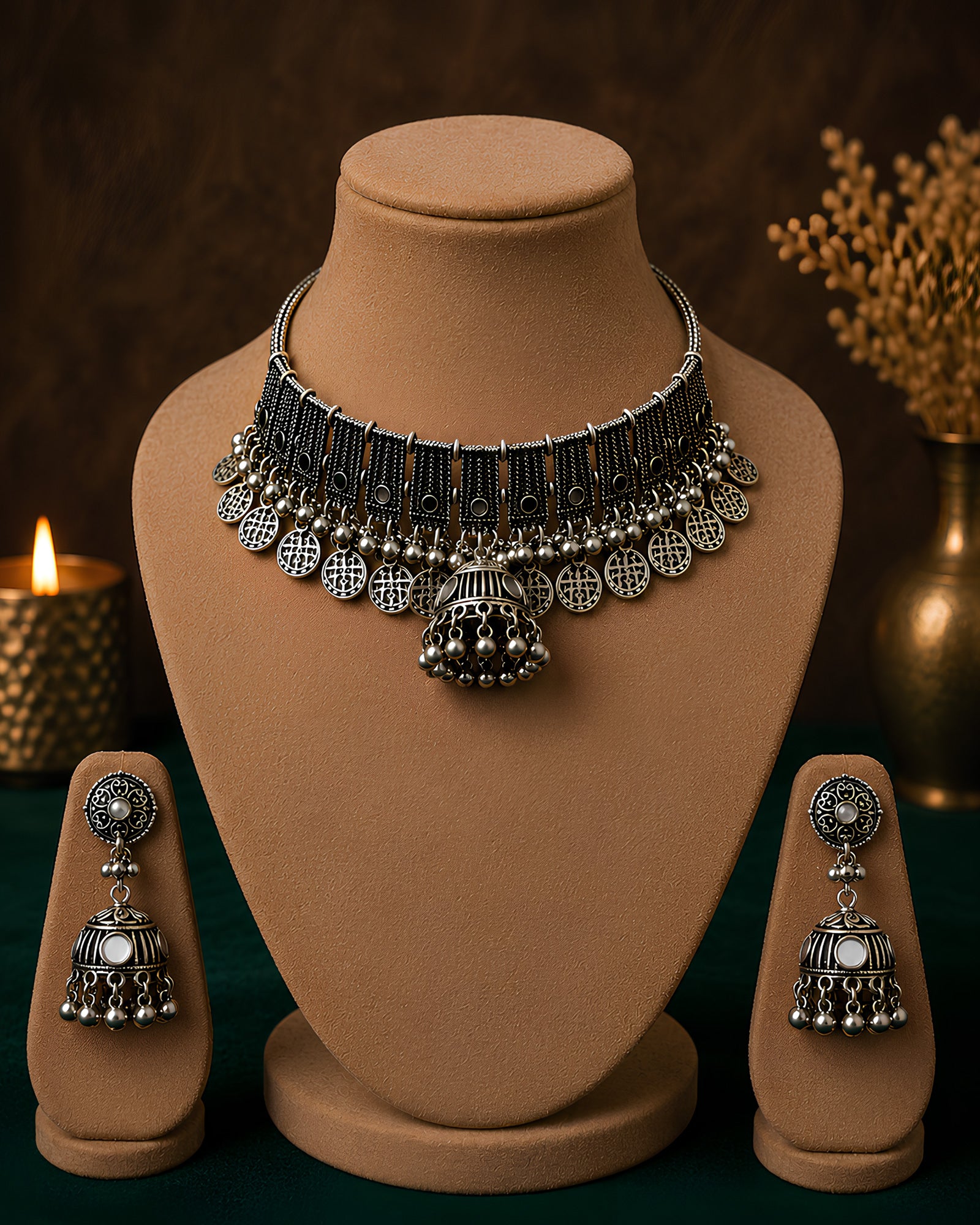 Antique Oxidized Vertical-Ribbed Paneled & Coin-Fringed Jhumka Choker Set