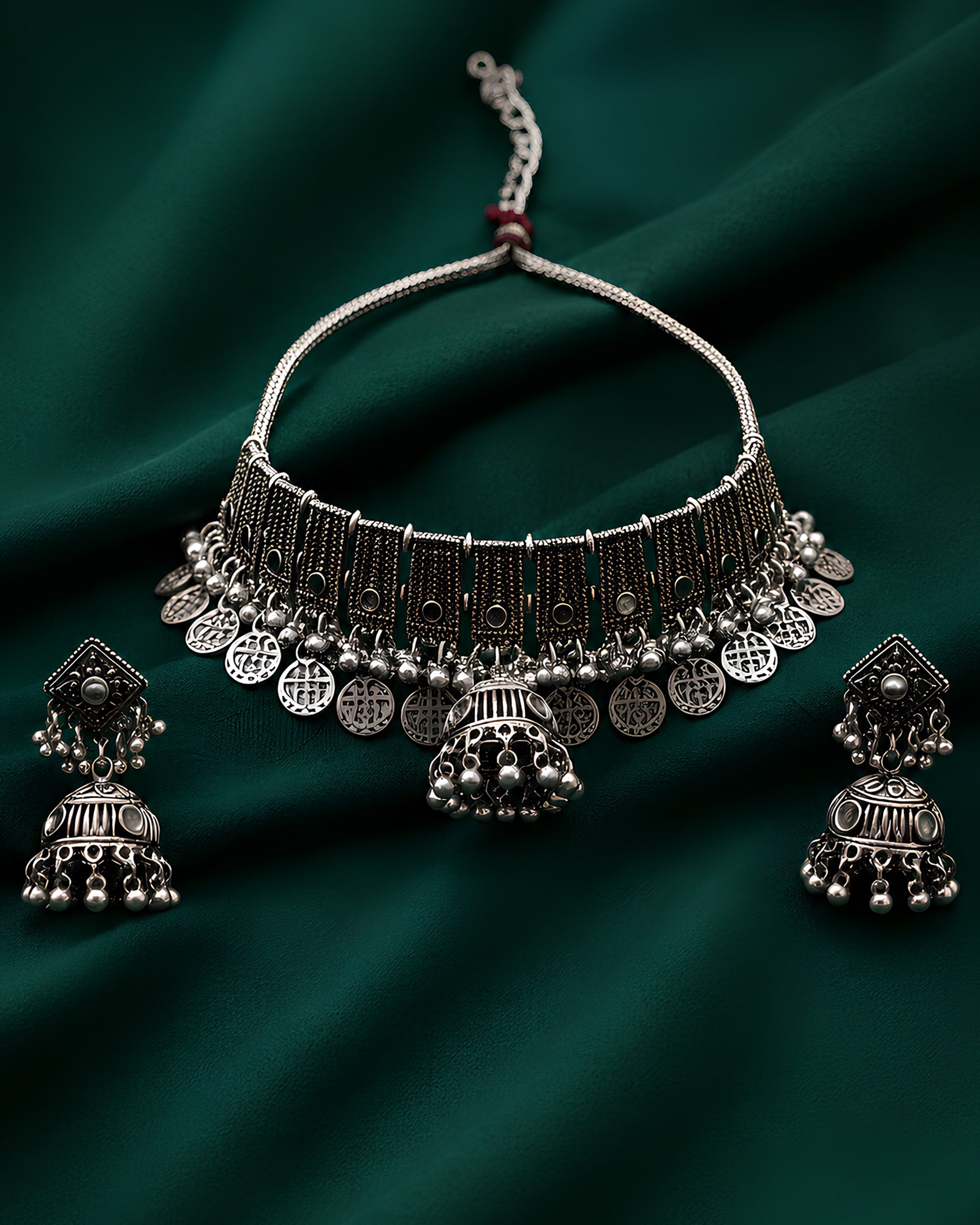 Antique Oxidized Vertical-Ribbed Paneled & Coin-Fringed Jhumka Choker Set