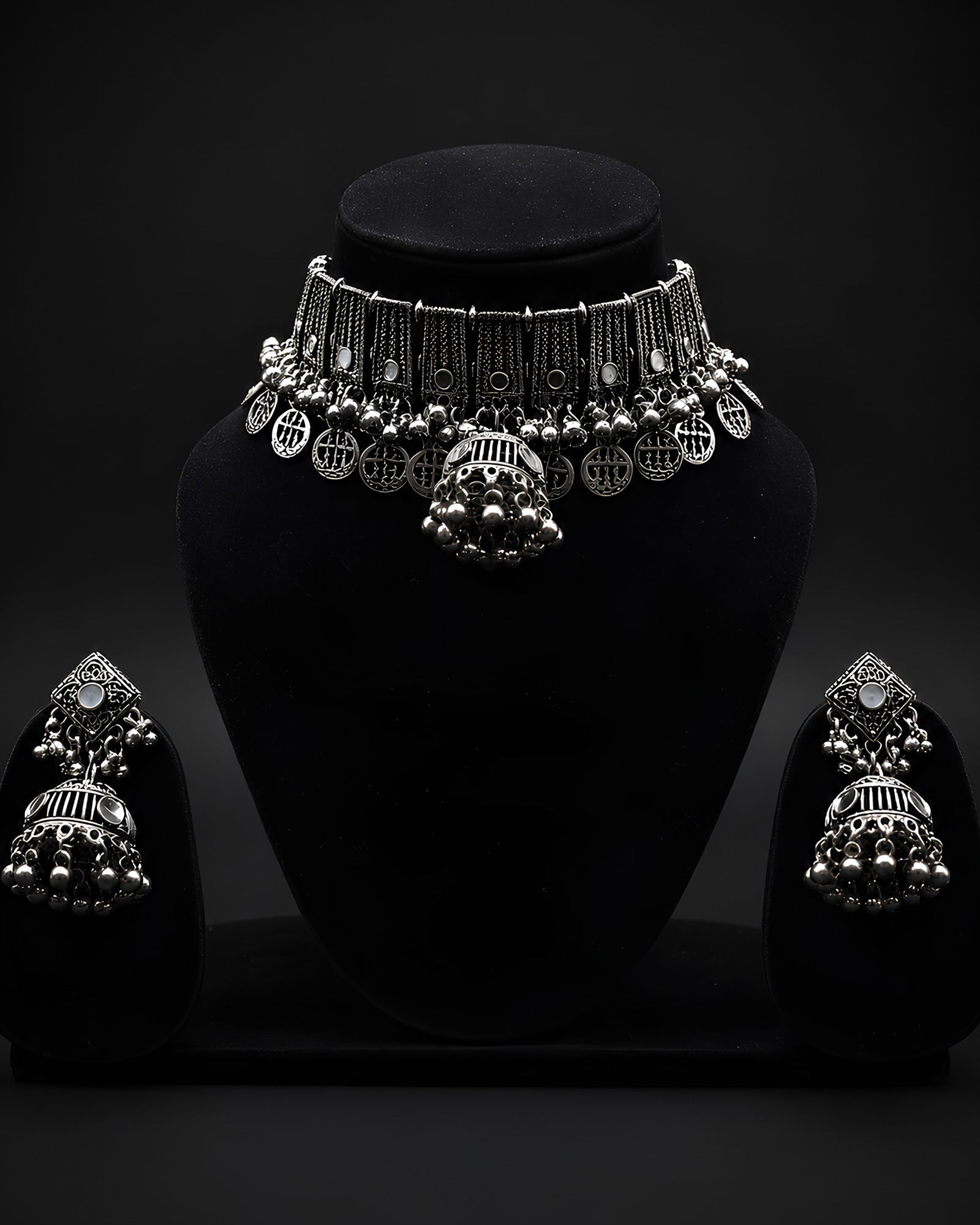 Antique Oxidized Vertical-Ribbed Paneled & Coin-Fringed Jhumka Choker Set