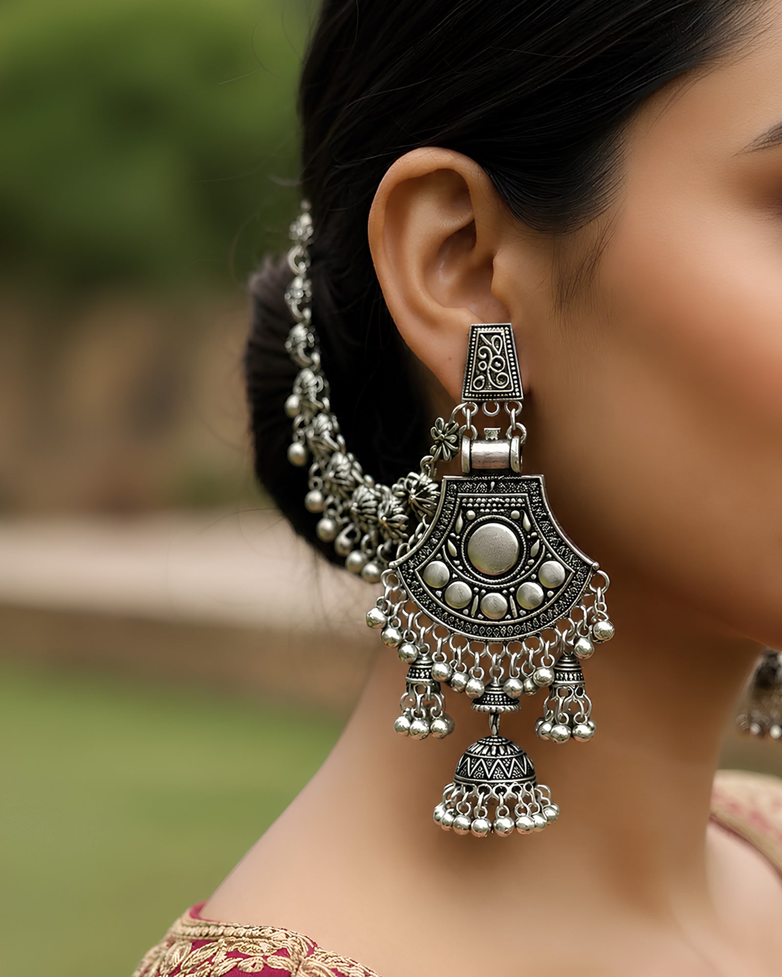 Antique Shield-Style Tiered Oxidized Jhumkas with Floral Sahare