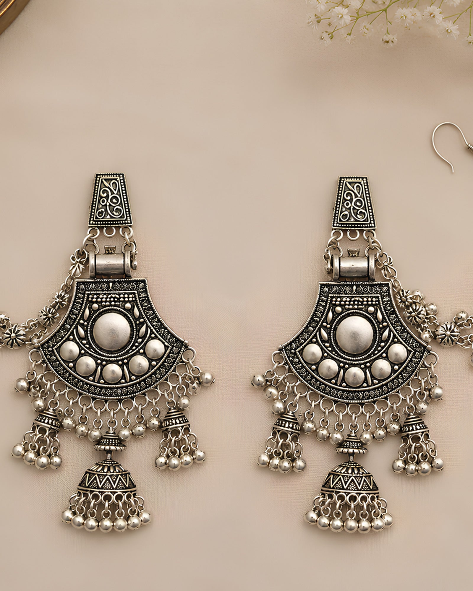 Antique Shield-Style Tiered Oxidized Jhumkas with Floral Sahare