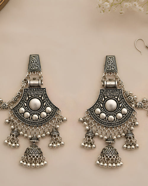 Antique Shield-Style Tiered Oxidized Jhumkas with Floral Sahare
