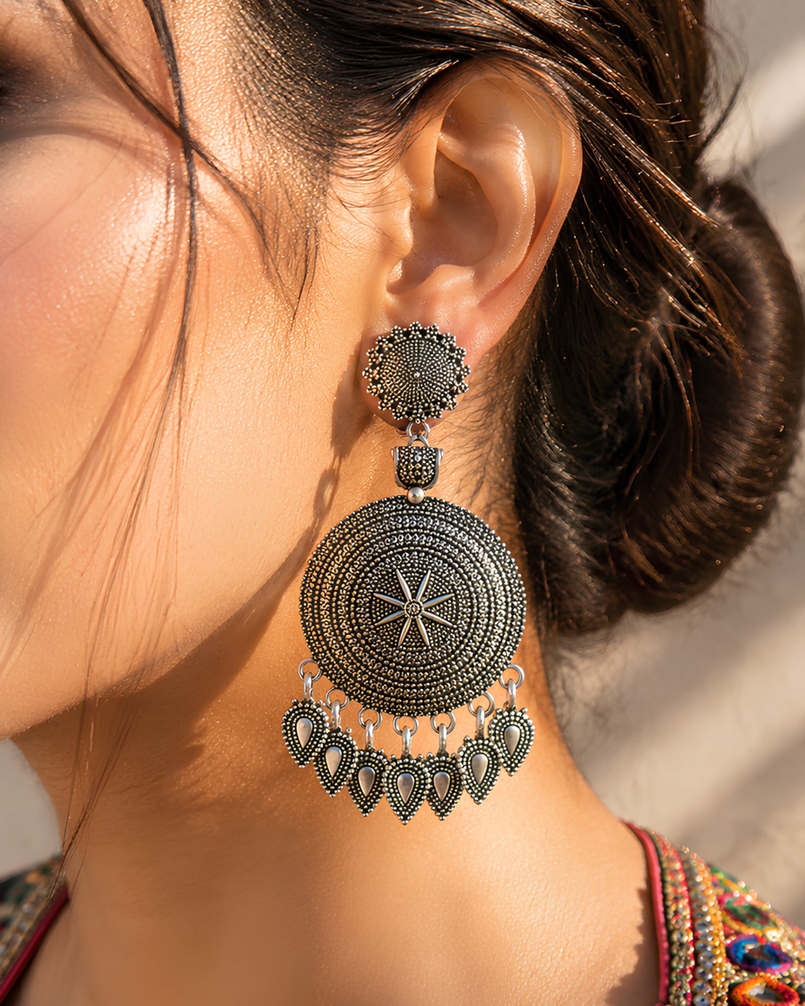 Antique Star Motif Circular Shield Oxidized Danglers