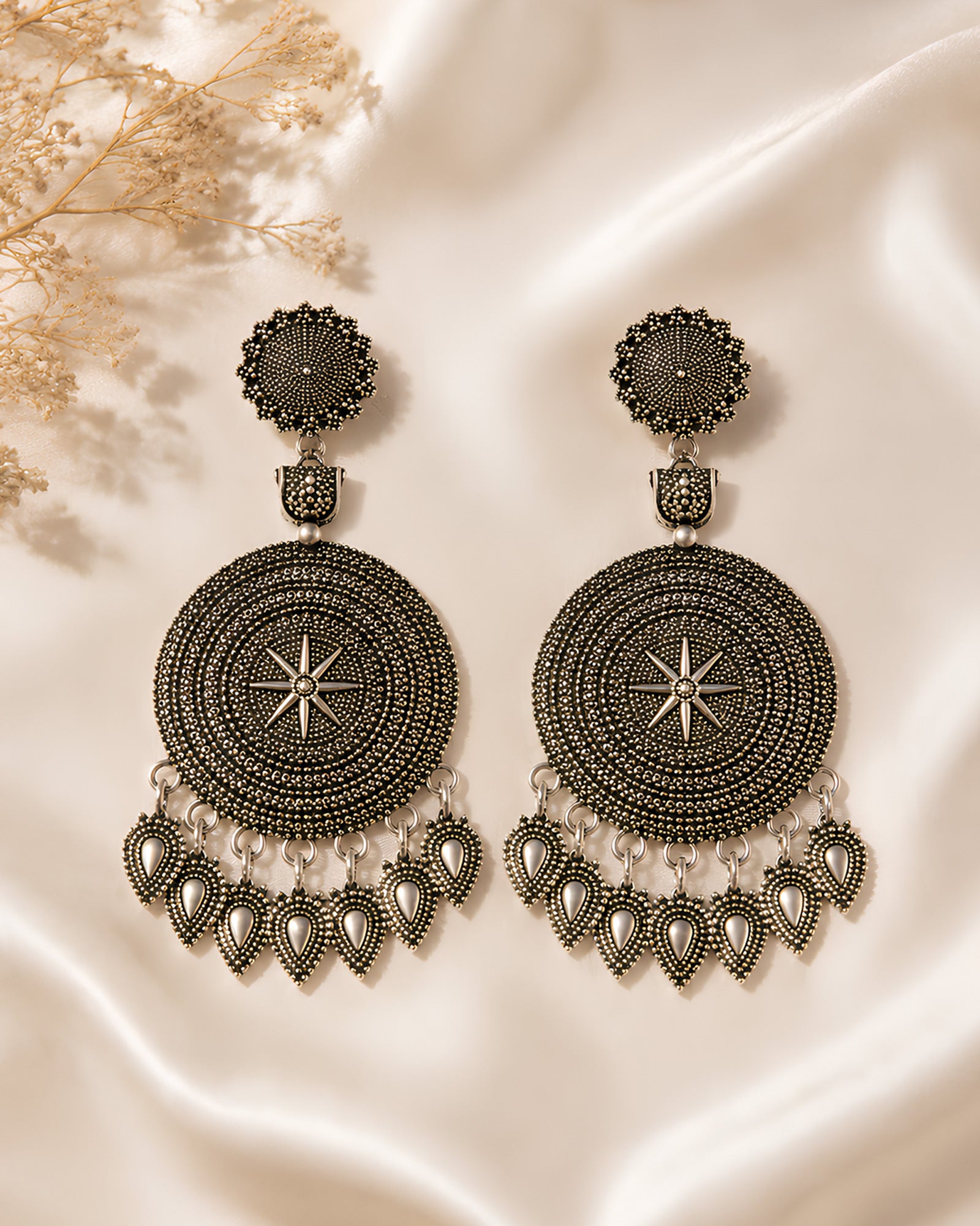 Antique Star Motif Circular Shield Oxidized Danglers