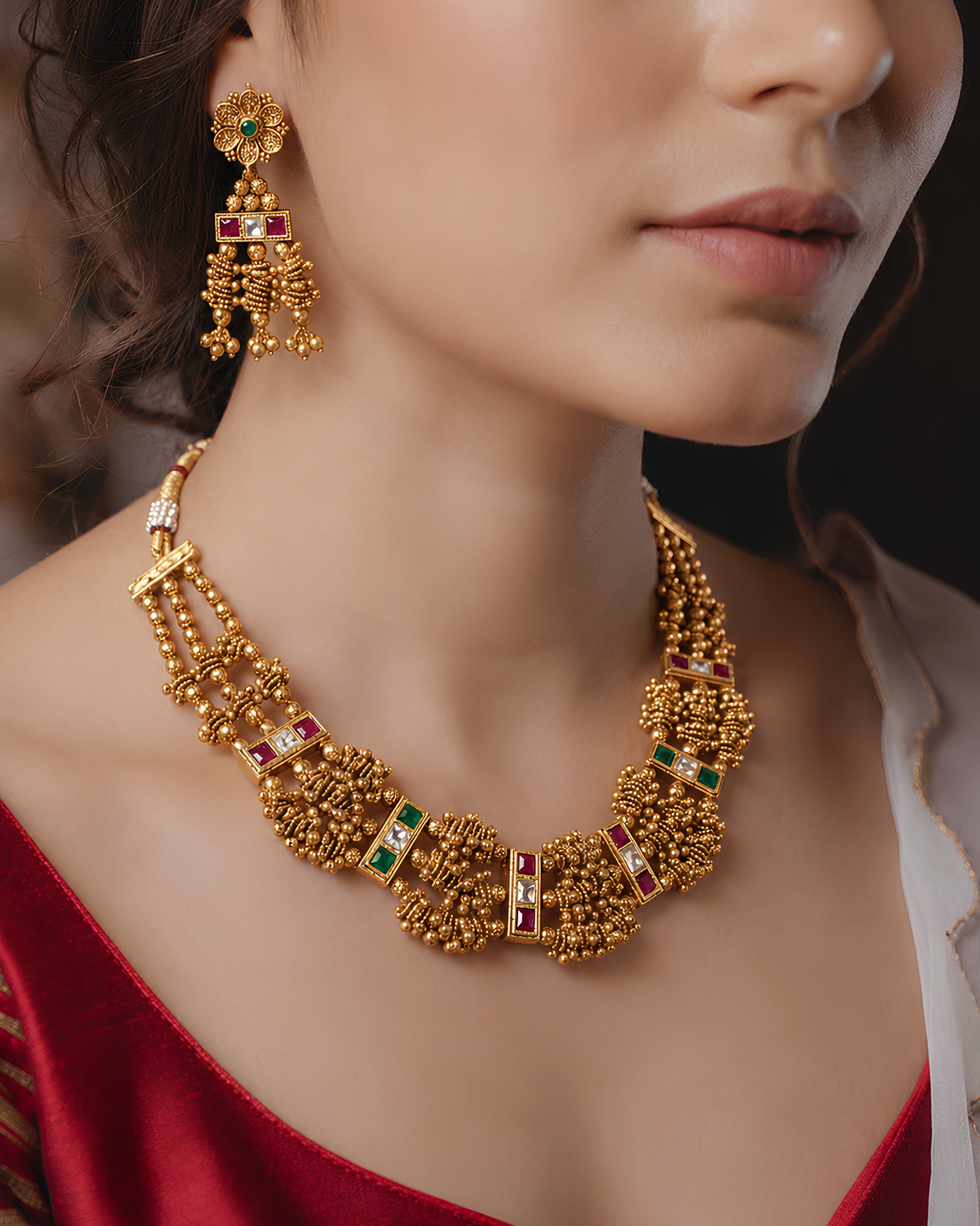 Beaded Cluster & Gemstone Collar Necklace Set