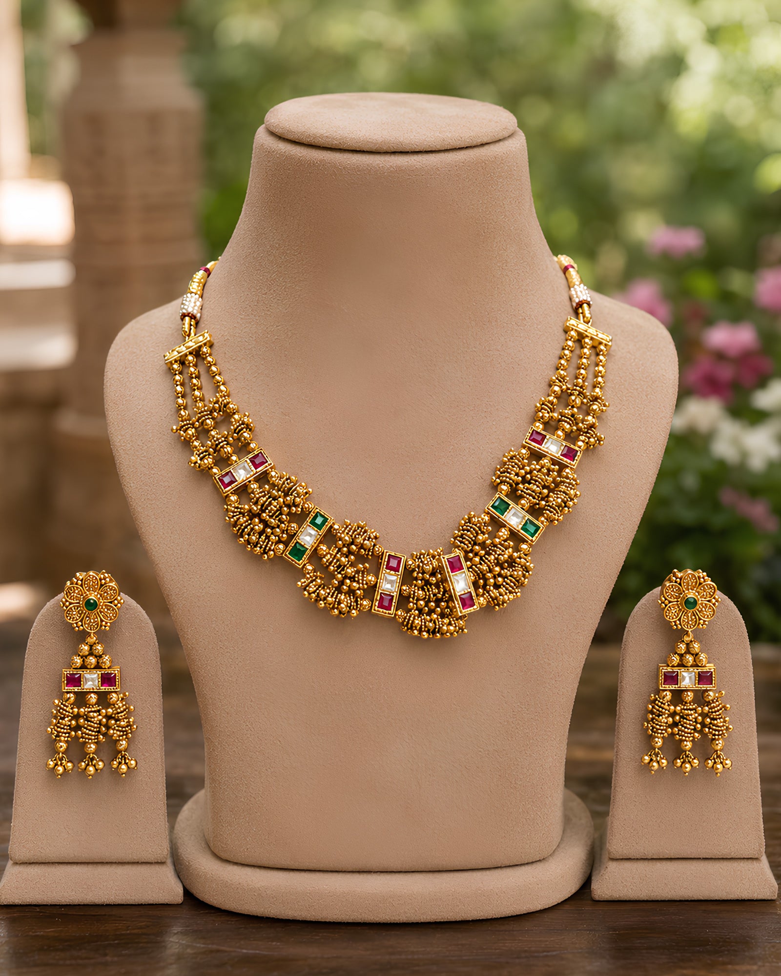 Beaded Cluster & Gemstone Collar Necklace Set