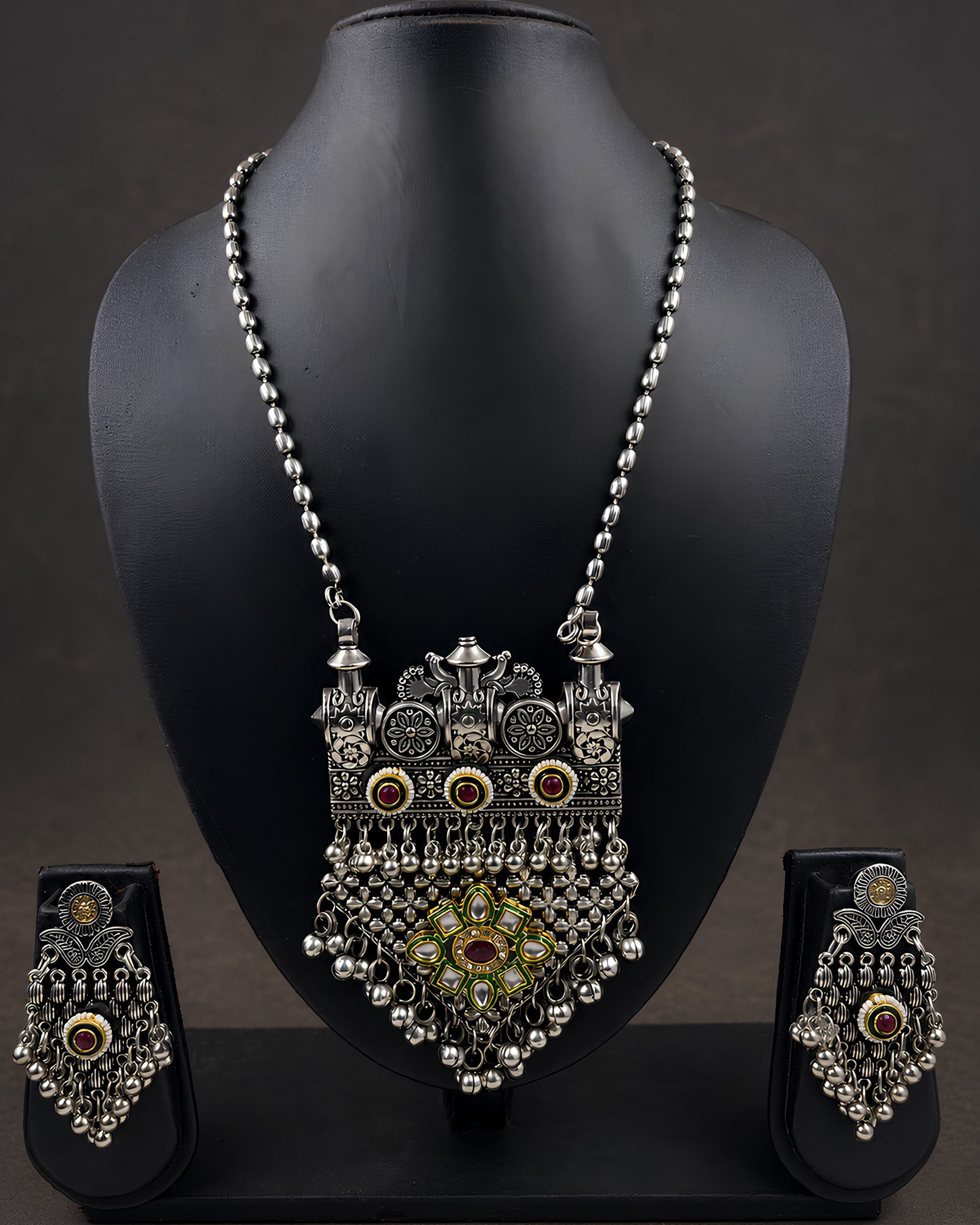 Beaded Temple Panel & Enamel-Detail Oxidized Necklace
