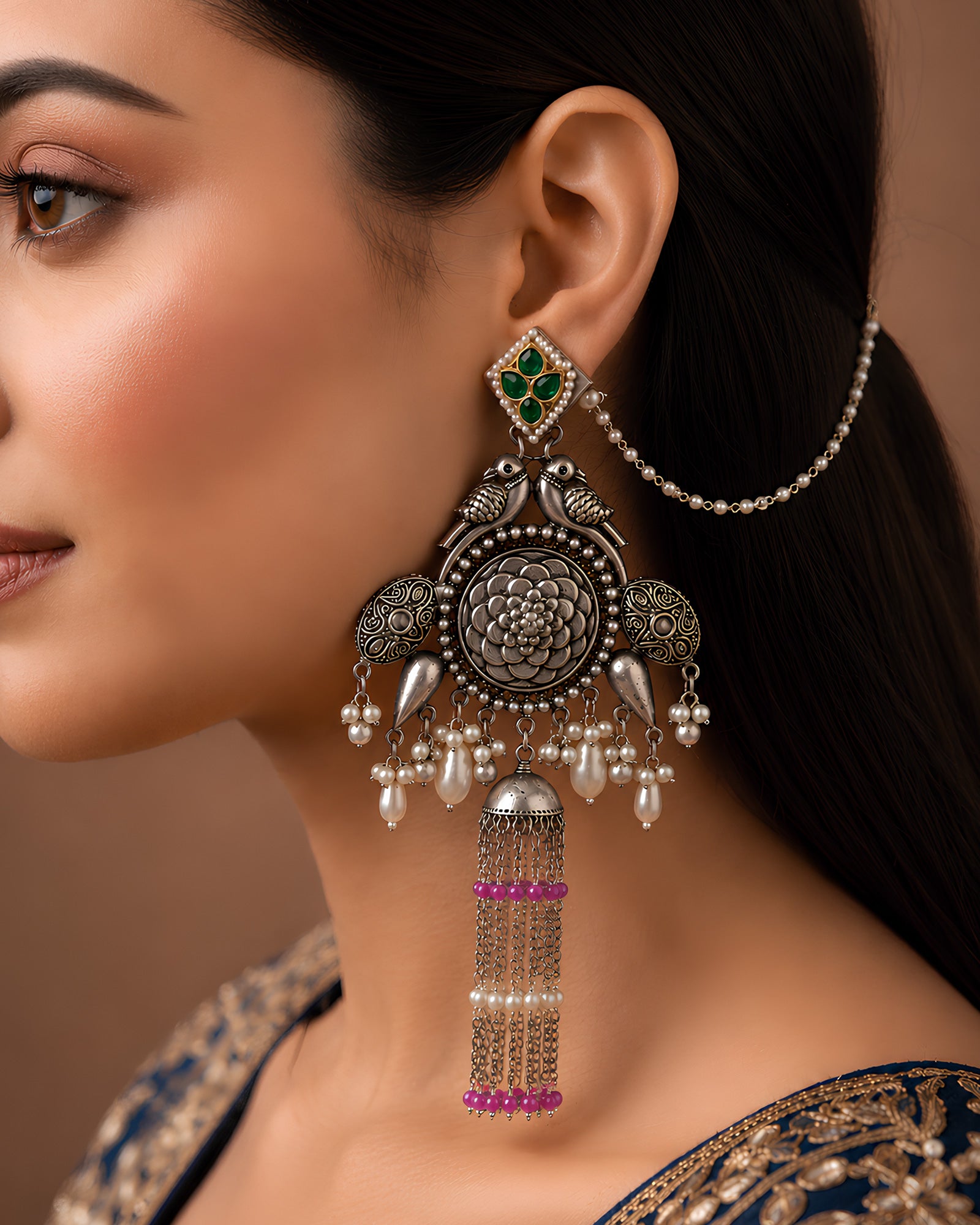Bird Motif Pearl Bahubali Jhumkas