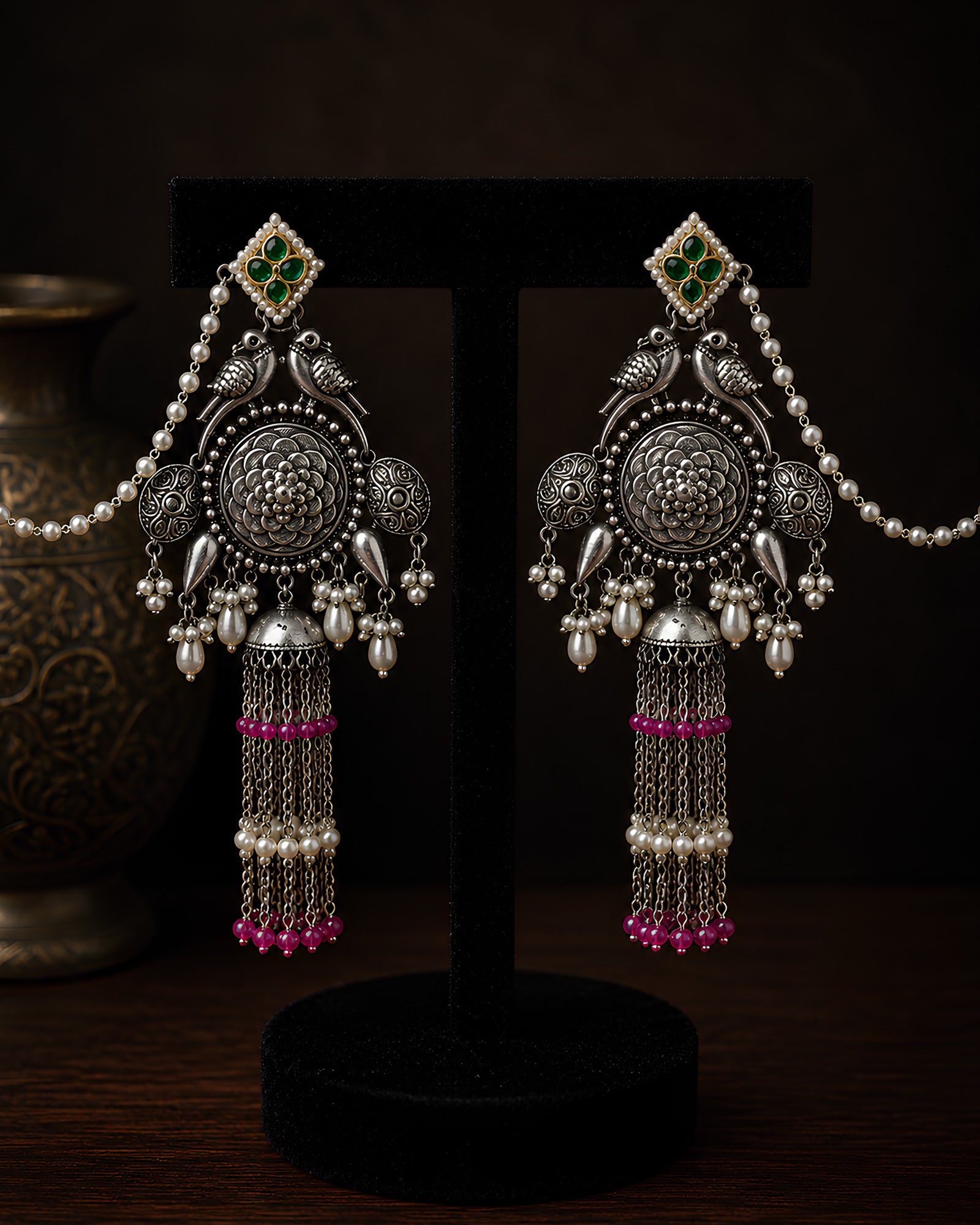 Bird Motif Pearl Bahubali Jhumkas