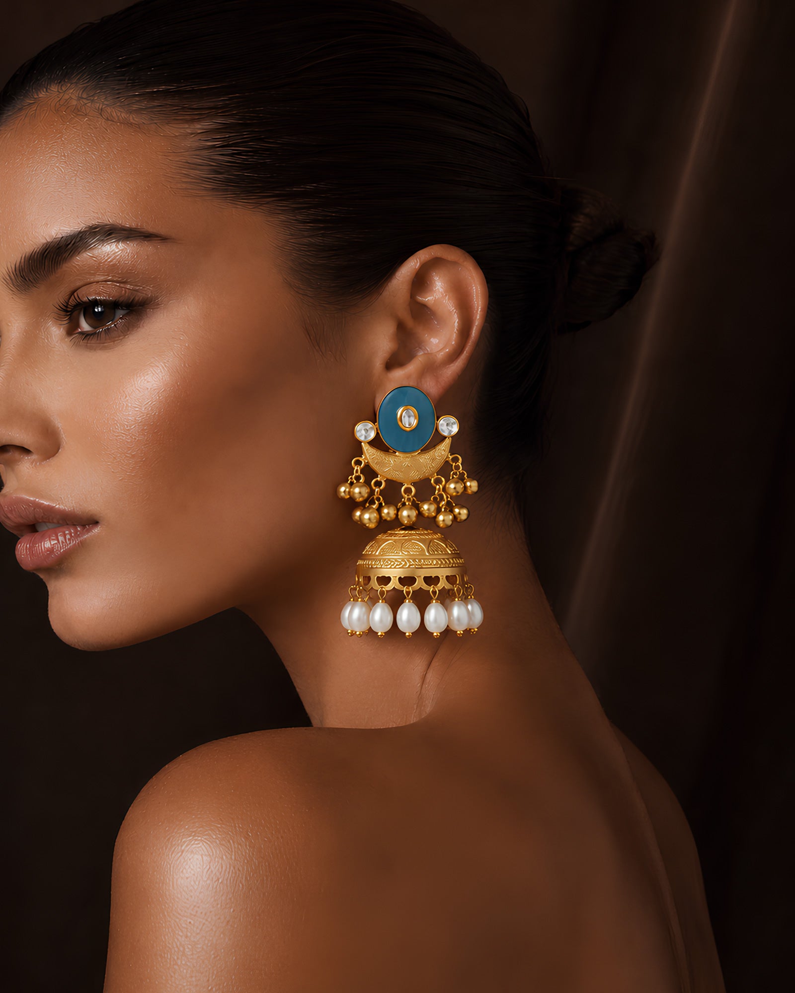 Blue Enamel Crescent & Pearl-Fringed Jhumka Earrings