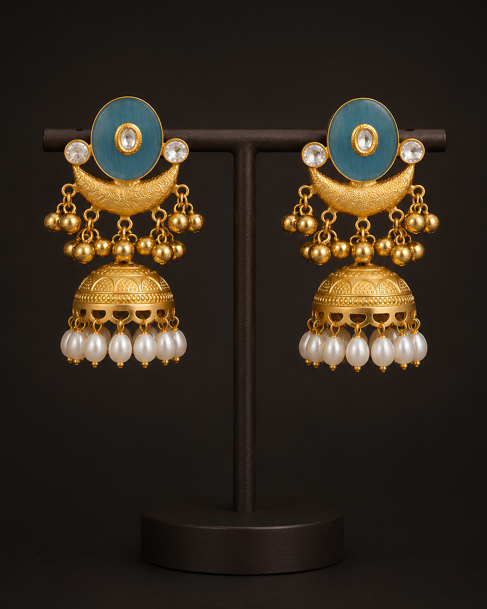 Blue Enamel Crescent & Pearl-Fringed Jhumka Earrings