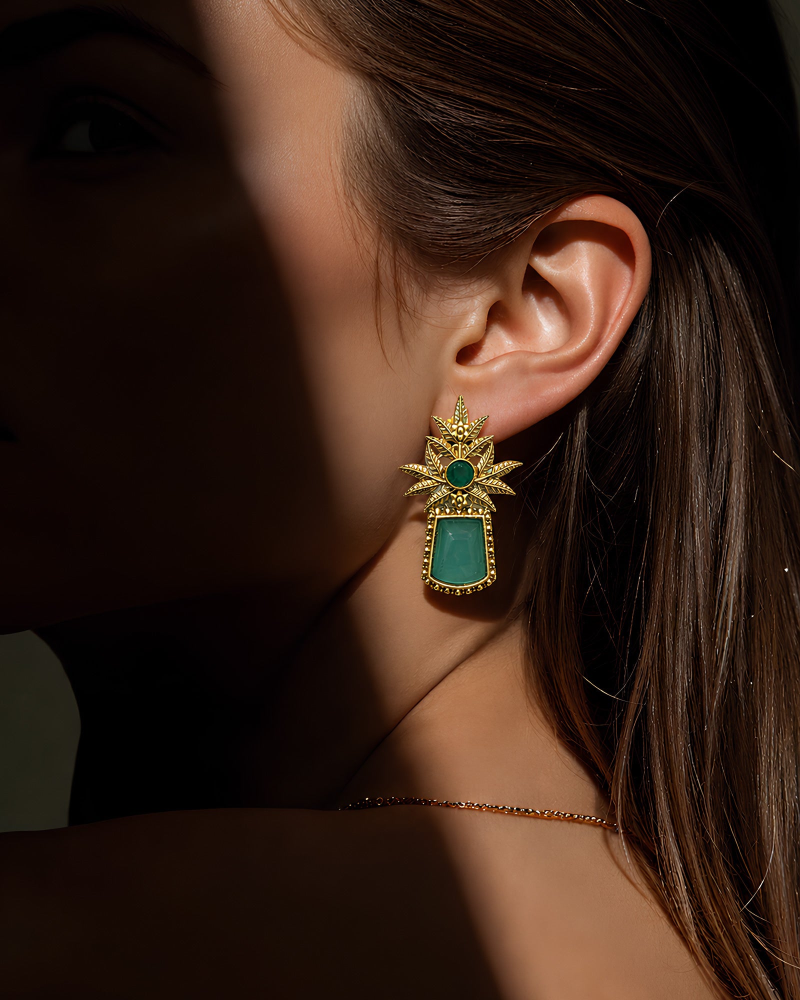 Botanical Green Stone Statement Earrings