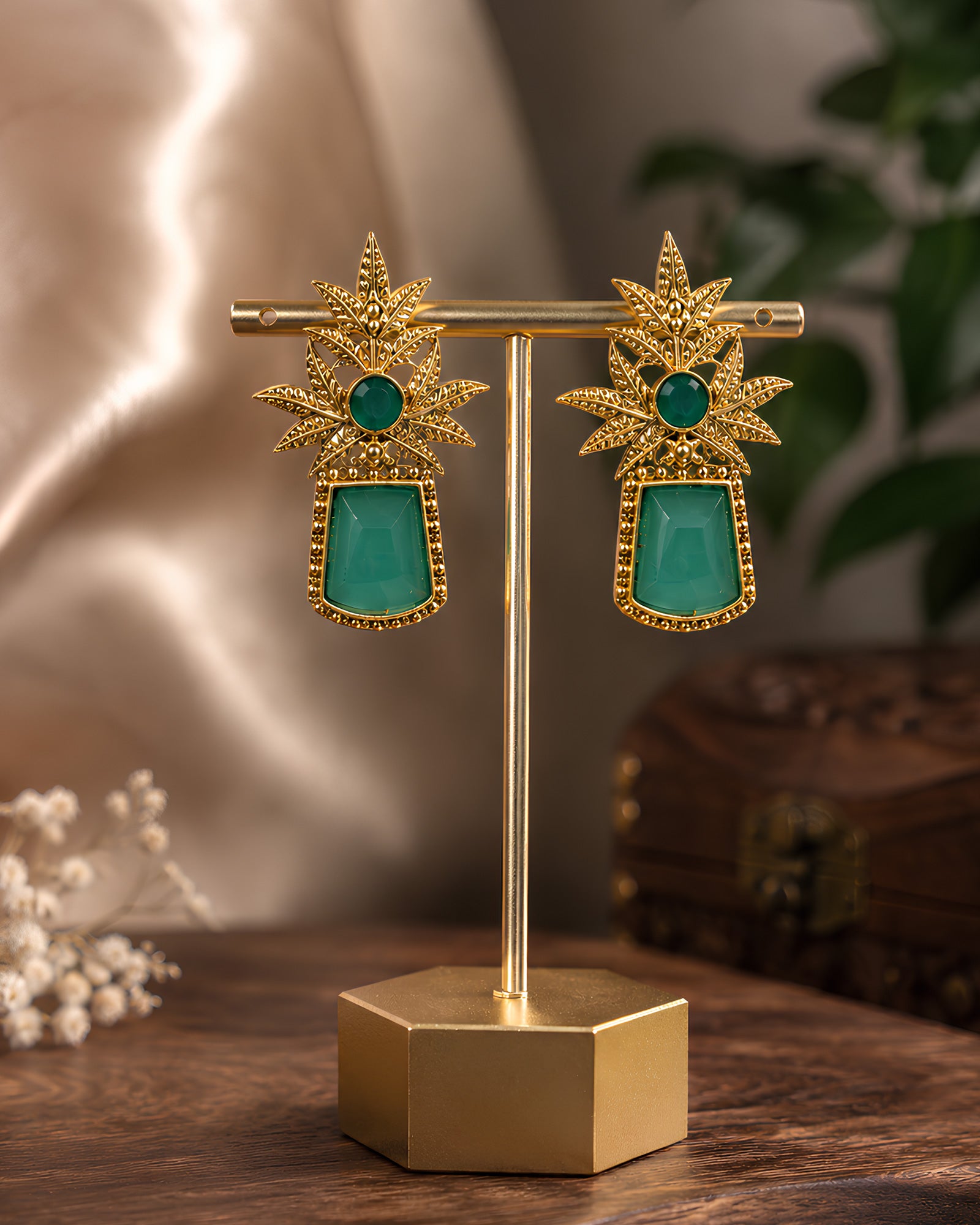 Botanical Green Stone Statement Earrings