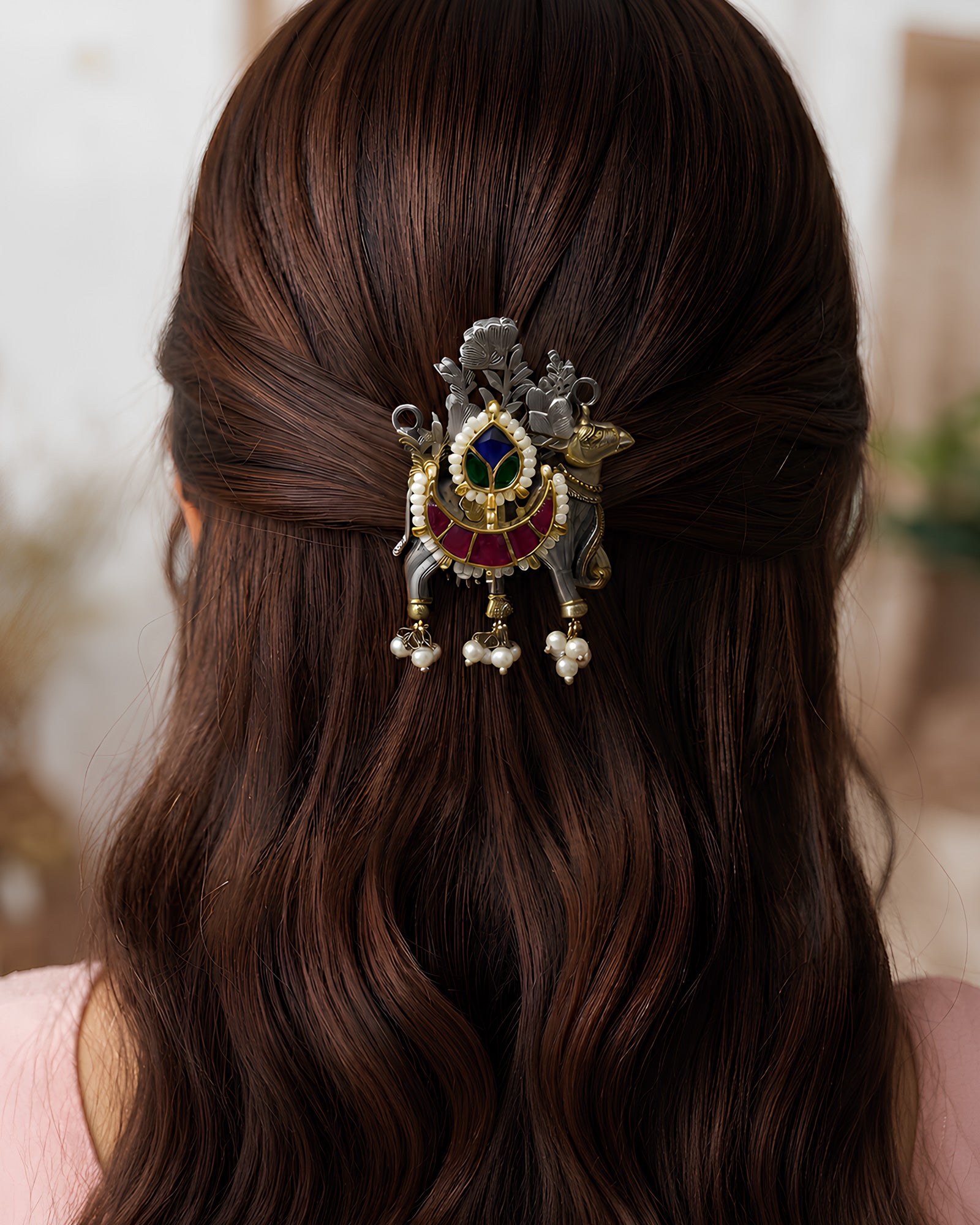 Camel Motif Gemstone Hair Brooch