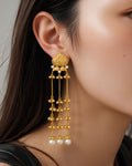 Cascading Gold Bead & Pearl Long Drop Earrings