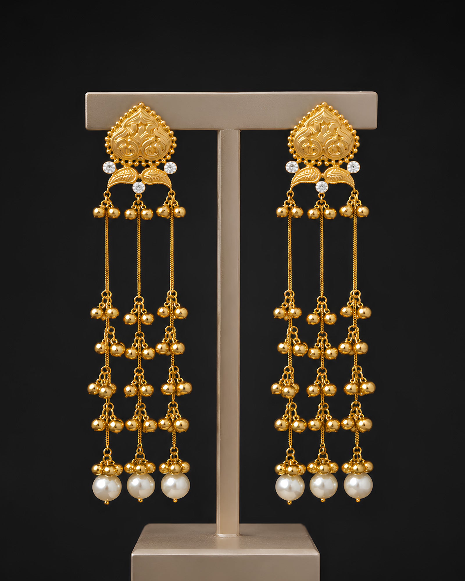 Cascading Gold Bead & Pearl Long Drop Earrings
