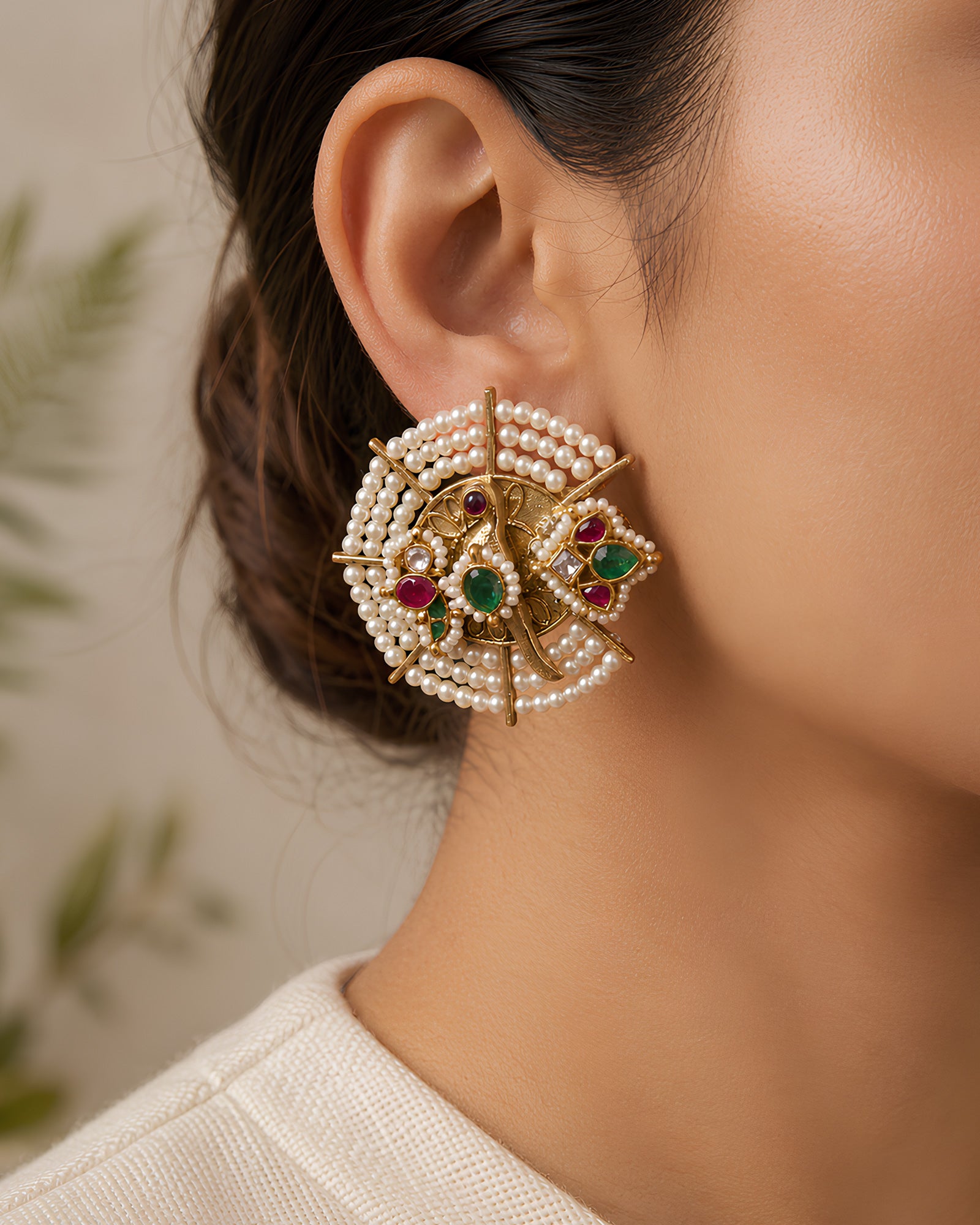 Circular Pearl & Stone Stud Earrings