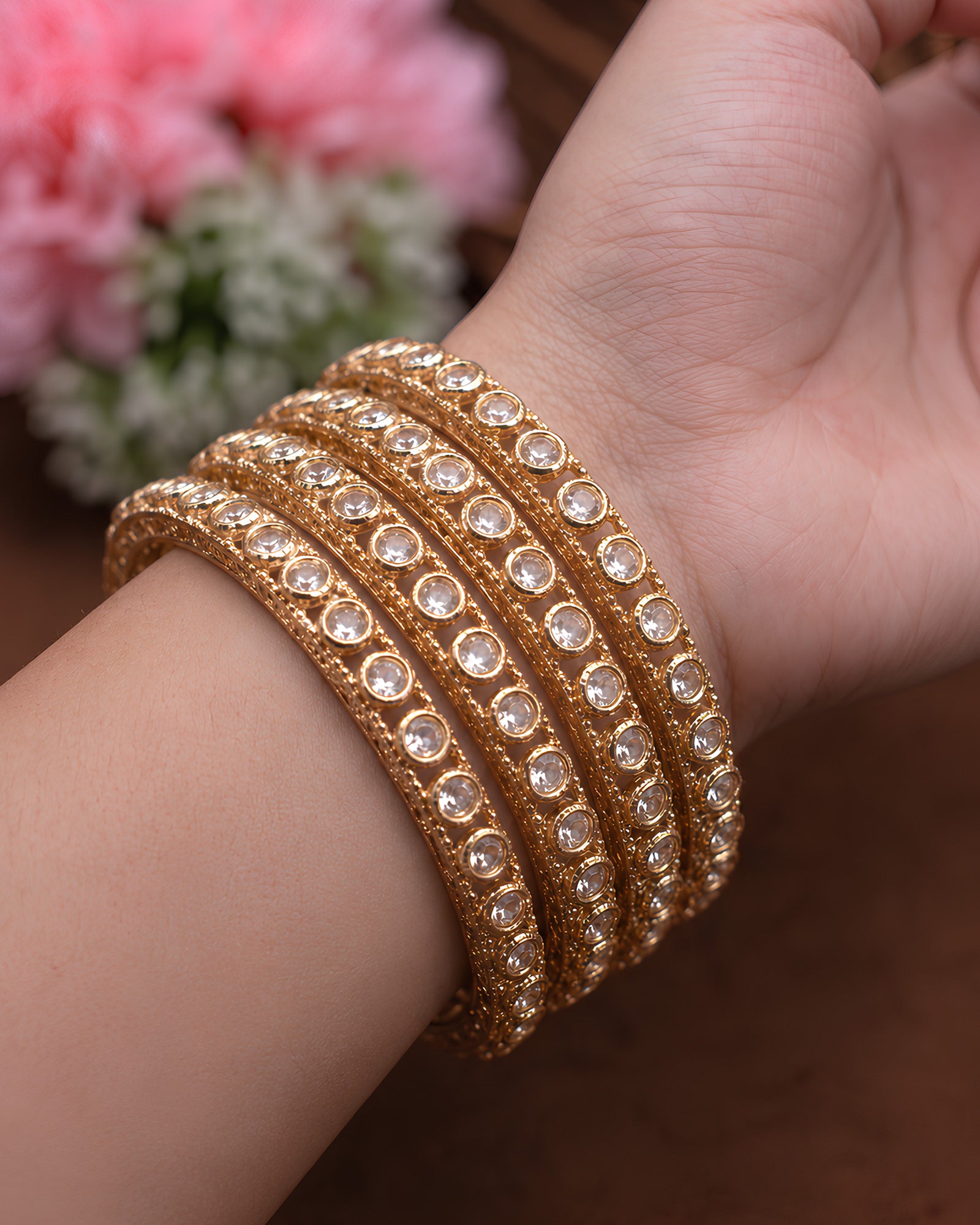 Classic Bezel-Set Stone Gold-Toned Bangles