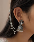 Classic Peacock Motif Oxidized Jhumkas with Ghungroo Hair Chain