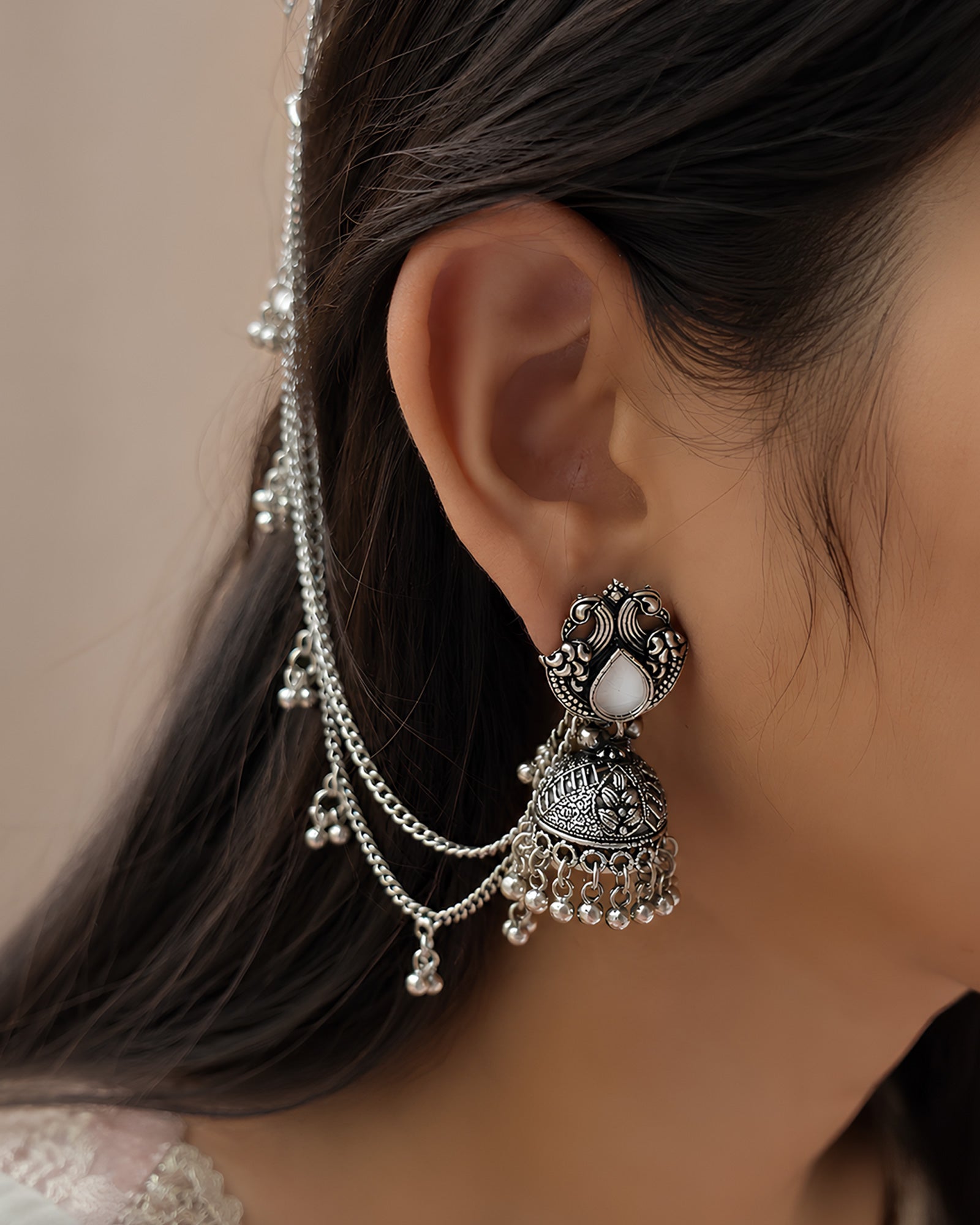 Classic Peacock Motif Oxidized Jhumkas with Ghungroo Hair Chain