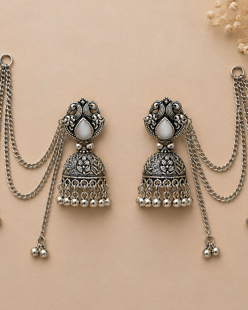 Classic Peacock Motif Oxidized Jhumkas with Ghungroo Hair Chain
