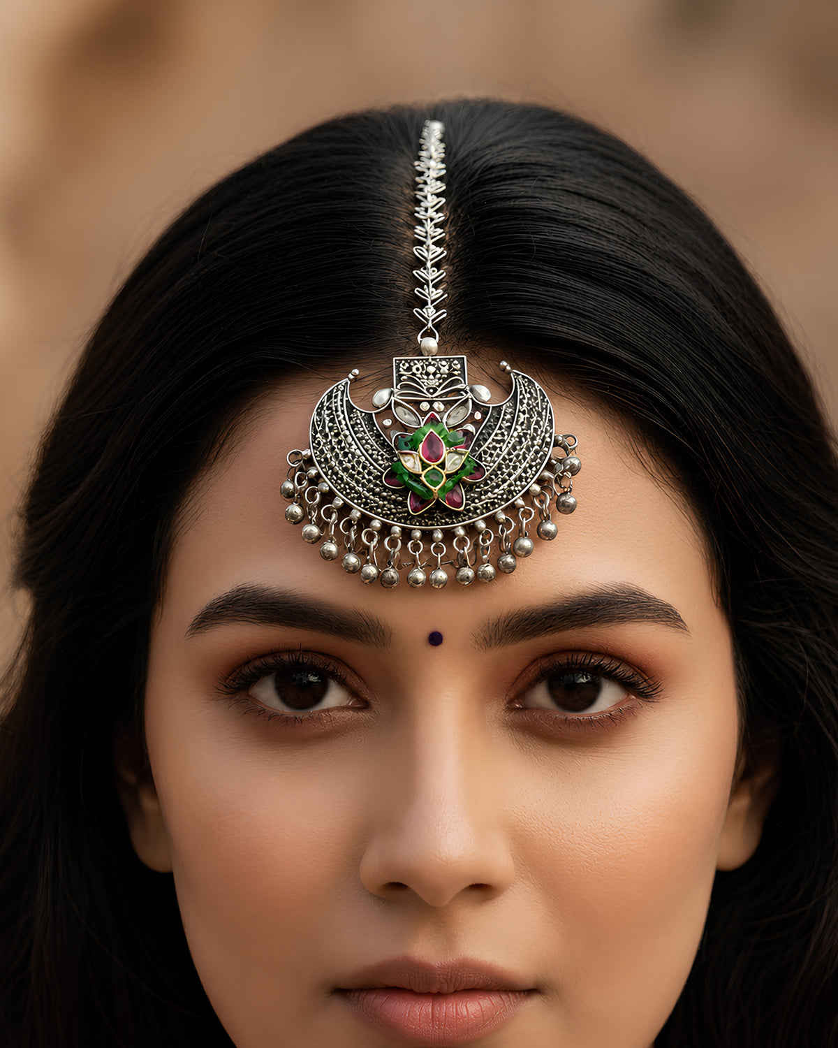 Crescent Lotus Motif Ghungroo Oxidized Maang Tikka
