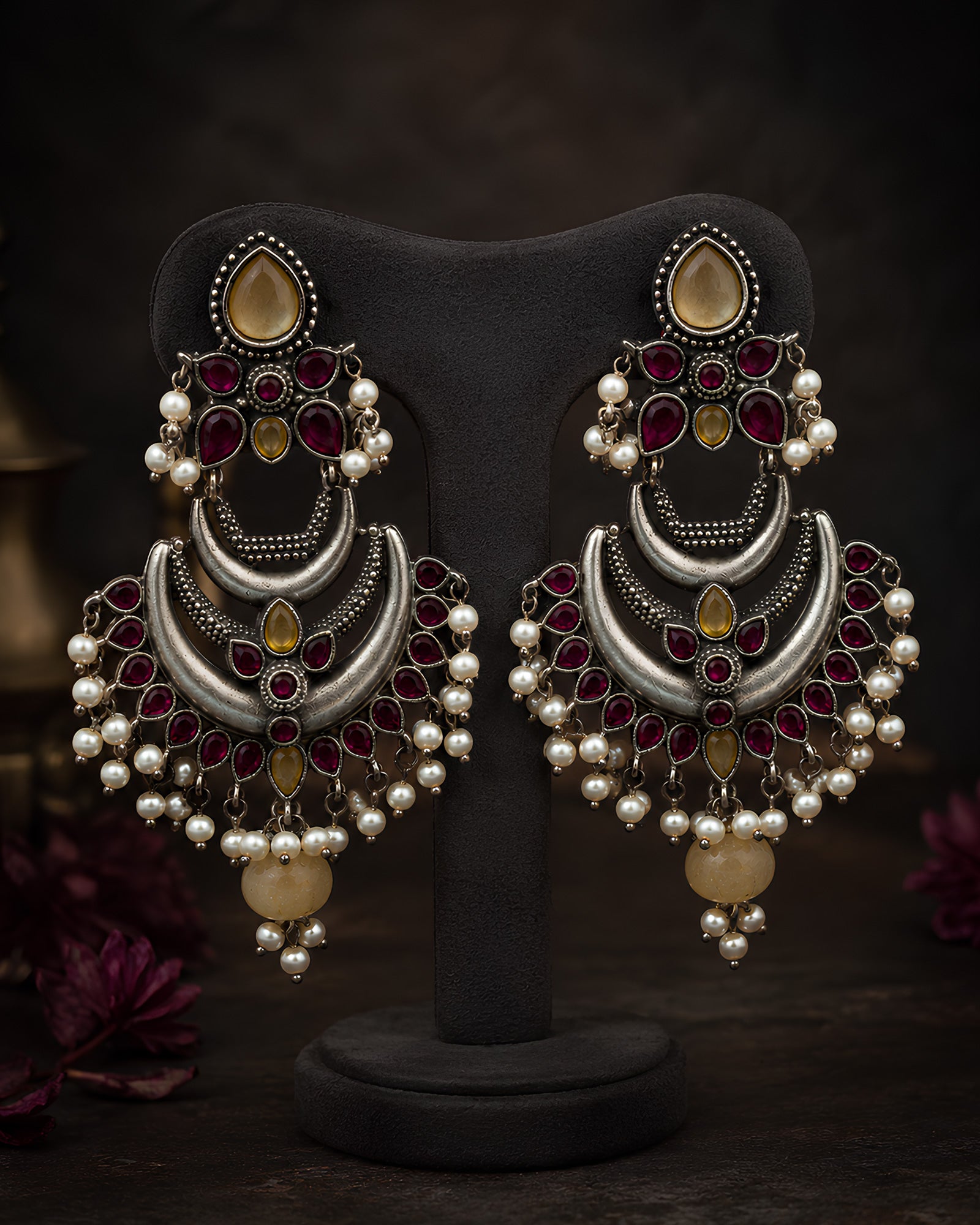 Crescent Moon Ruby & Pearl Statement Earrings