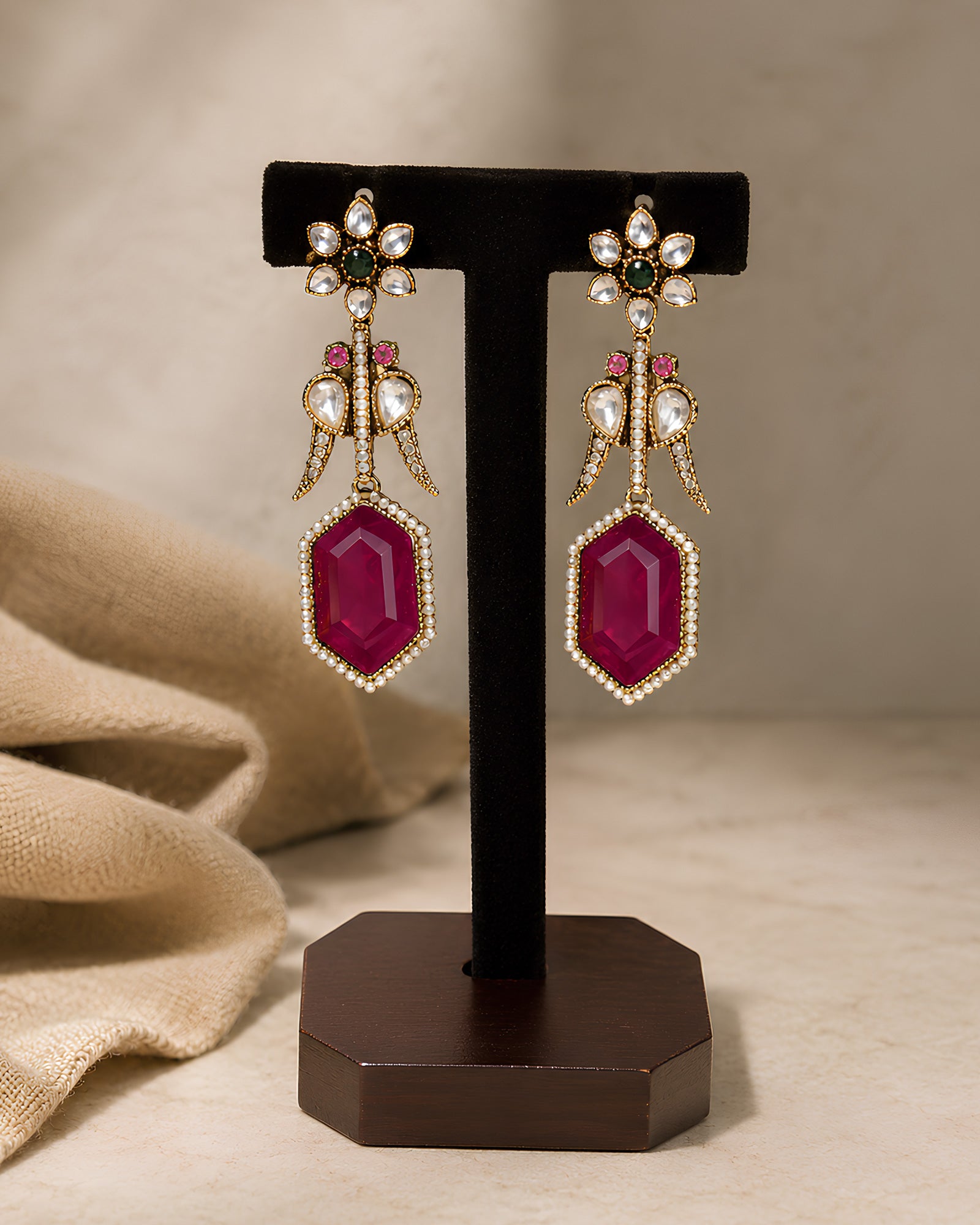 Crimson Hexagon & Floral Stud Statement Earrings