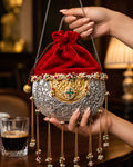 Crimson Velvet Crescent Emerald Rosette Potli Bag
