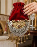 Crimson Velvet Crescent Floral Potli Bag