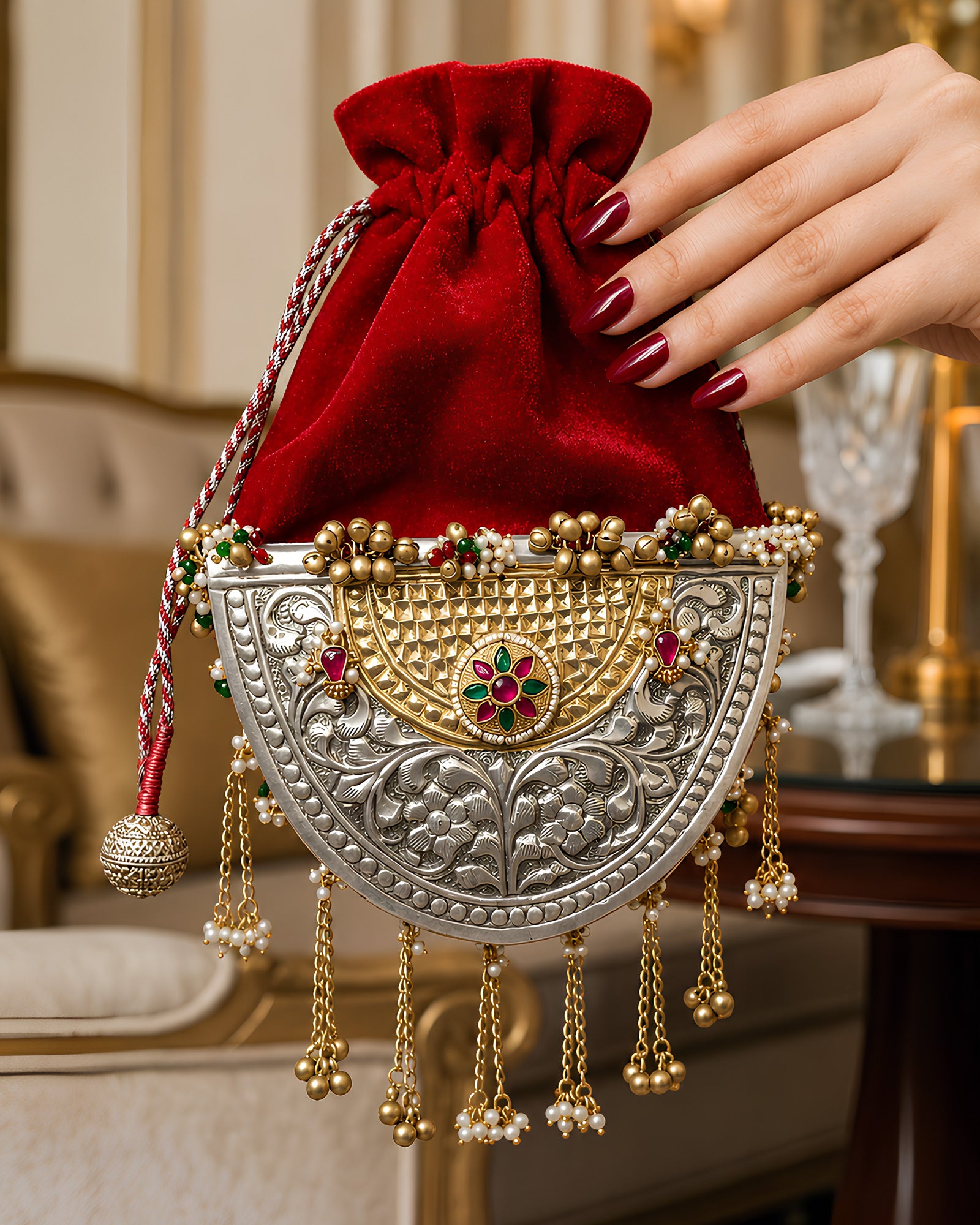 Crimson Velvet Crescent Floral Potli Bag