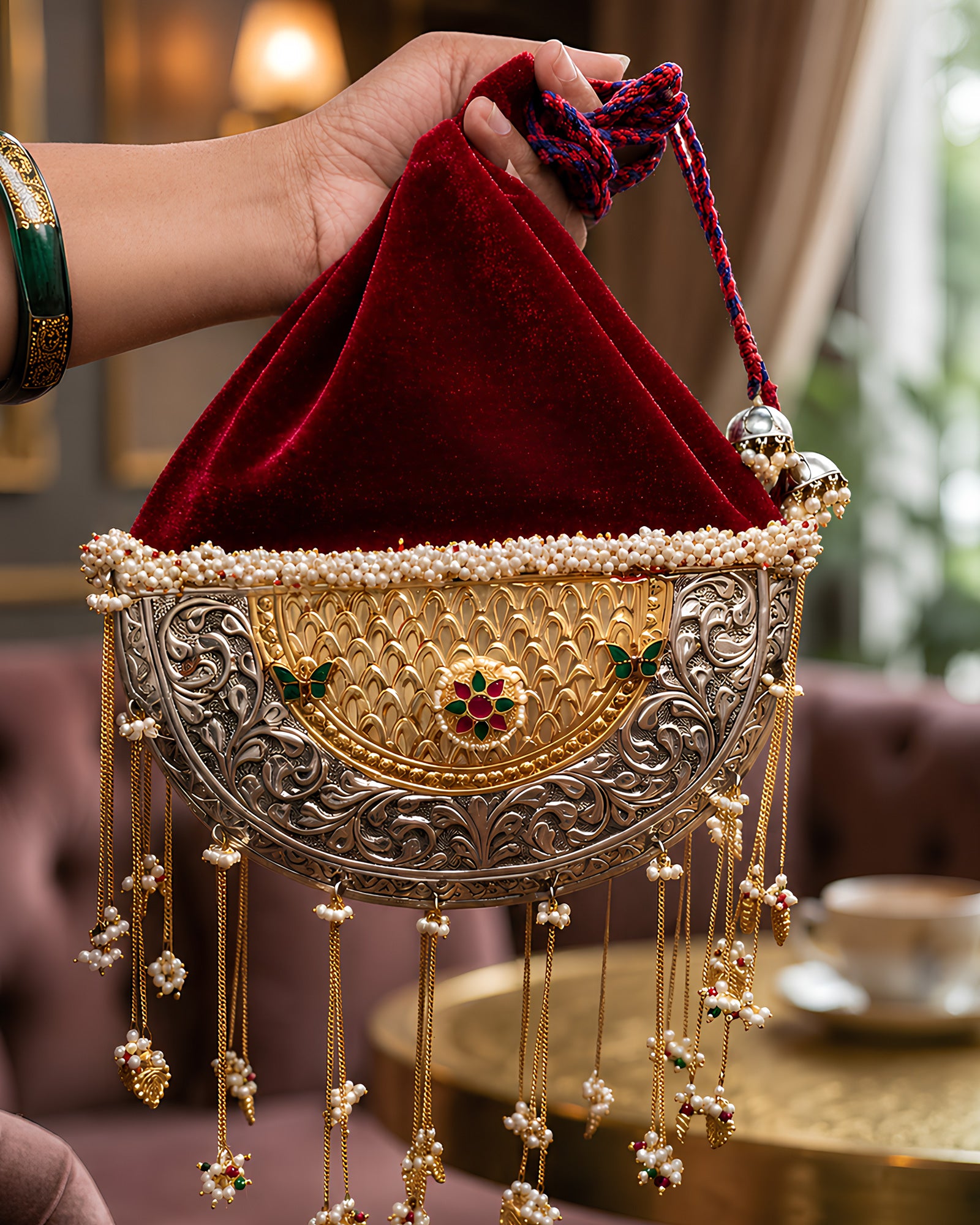 Crimson Velvet Crescent Lattice Rosette Potli Bag
