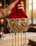 Crimson Velvet Crescent Pastel Stone Potli Bag