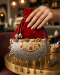 Crimson Velvet Crescent Ruby Rosette Potli Bag
