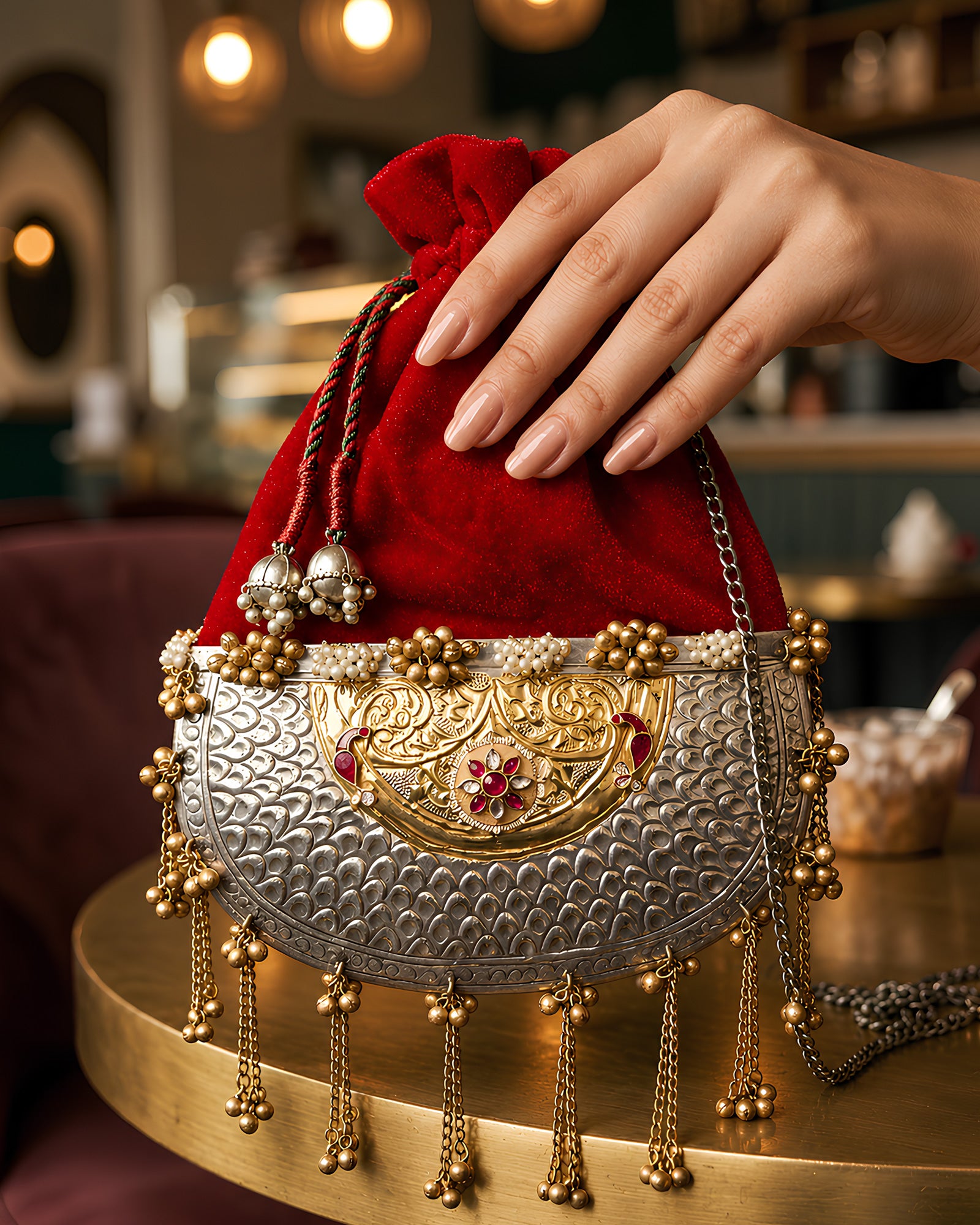 Crimson Velvet Crescent Ruby Rosette Potli Bag