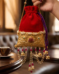 Crimson Velvet Ruby Rosette Jhumka Potli Bag