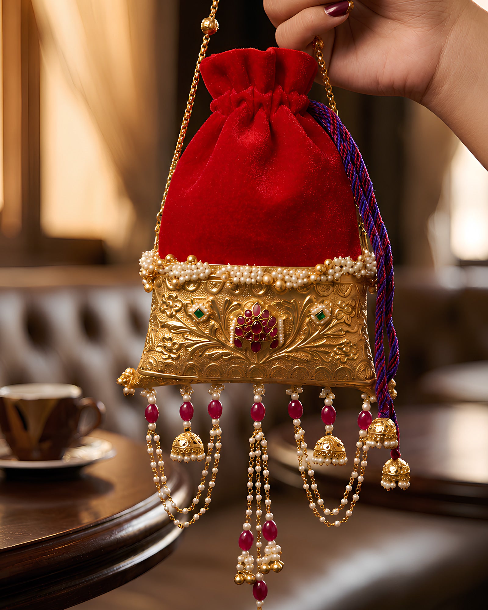 Crimson Velvet Ruby Rosette Jhumka Potli Bag