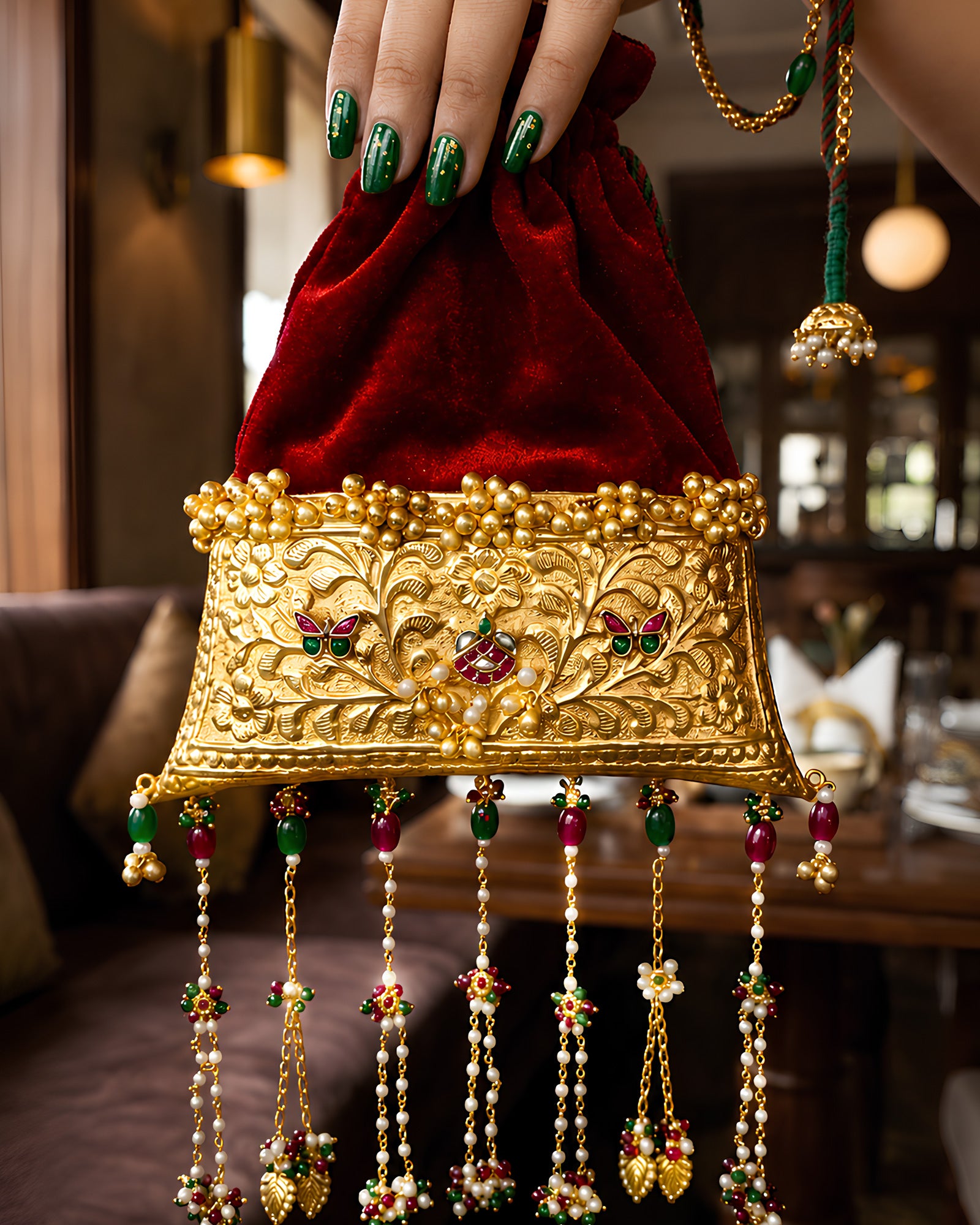 Crimson Velvet Trapezoid Flora Meenakari Potli Bag