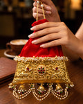 Crimson Velvet Trapezoid Flora Rosette Jhumka Potli Bag
