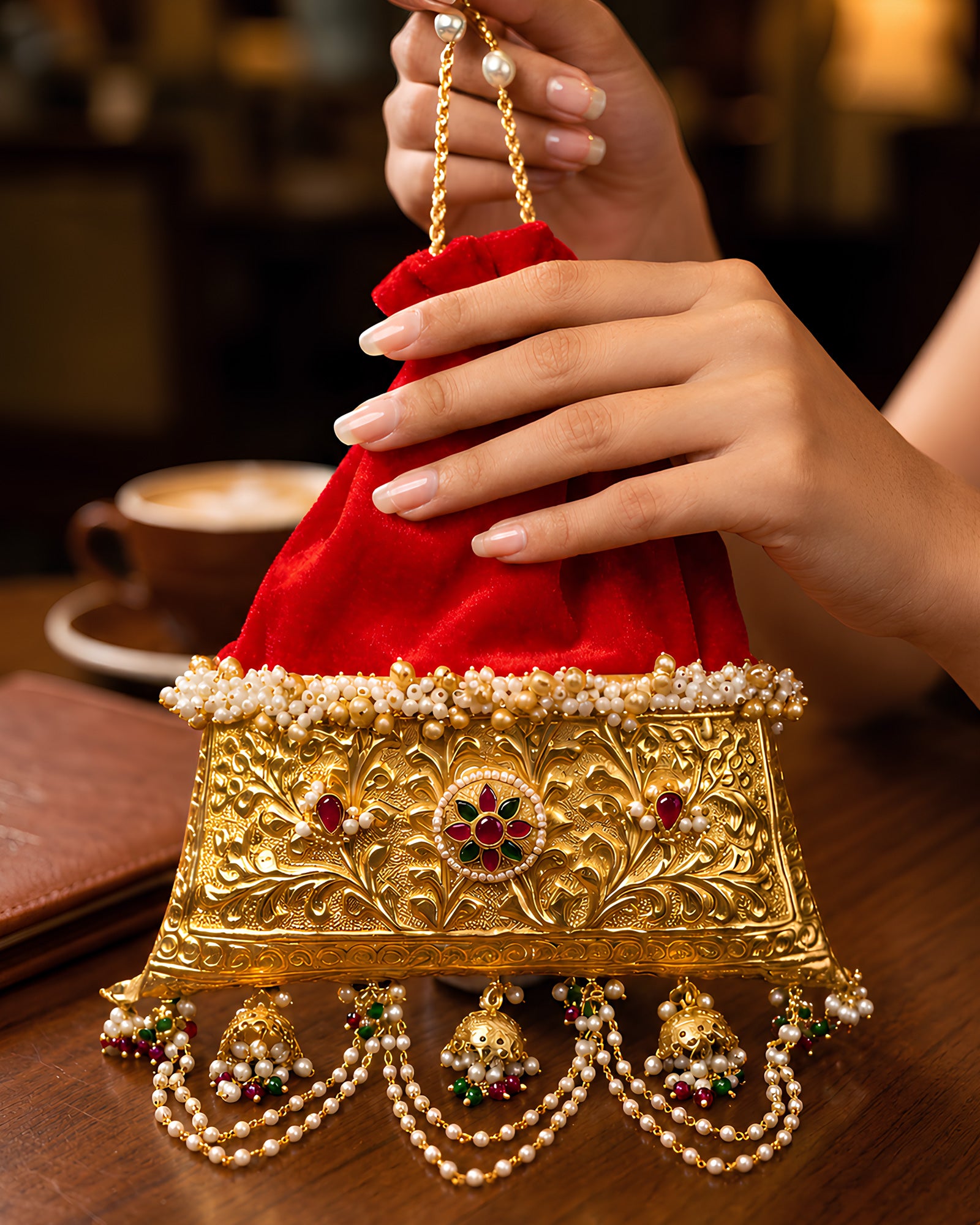 Crimson Velvet Trapezoid Flora Rosette Jhumka Potli Bag
