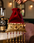Crimson Velvet Trapezoid Peacock Potli Bag