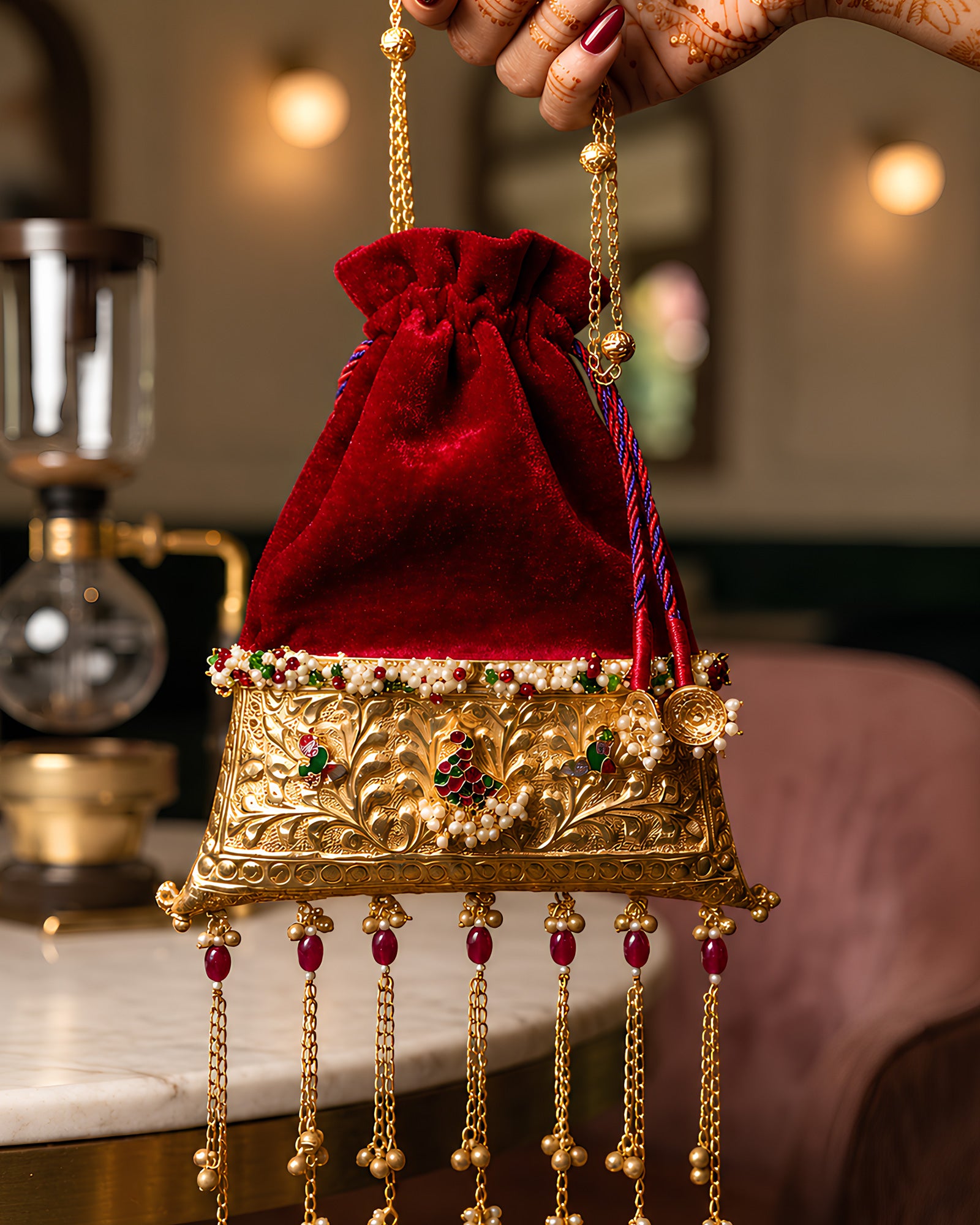 Crimson Velvet Trapezoid Peacock Potli Bag