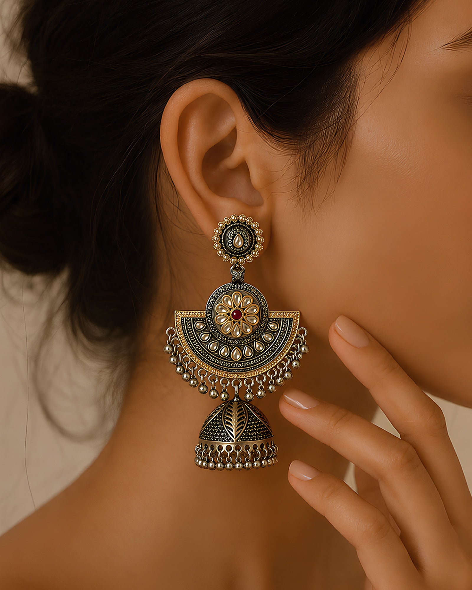 Dark Academia Chandbali-Style Oxidized Jhumkas