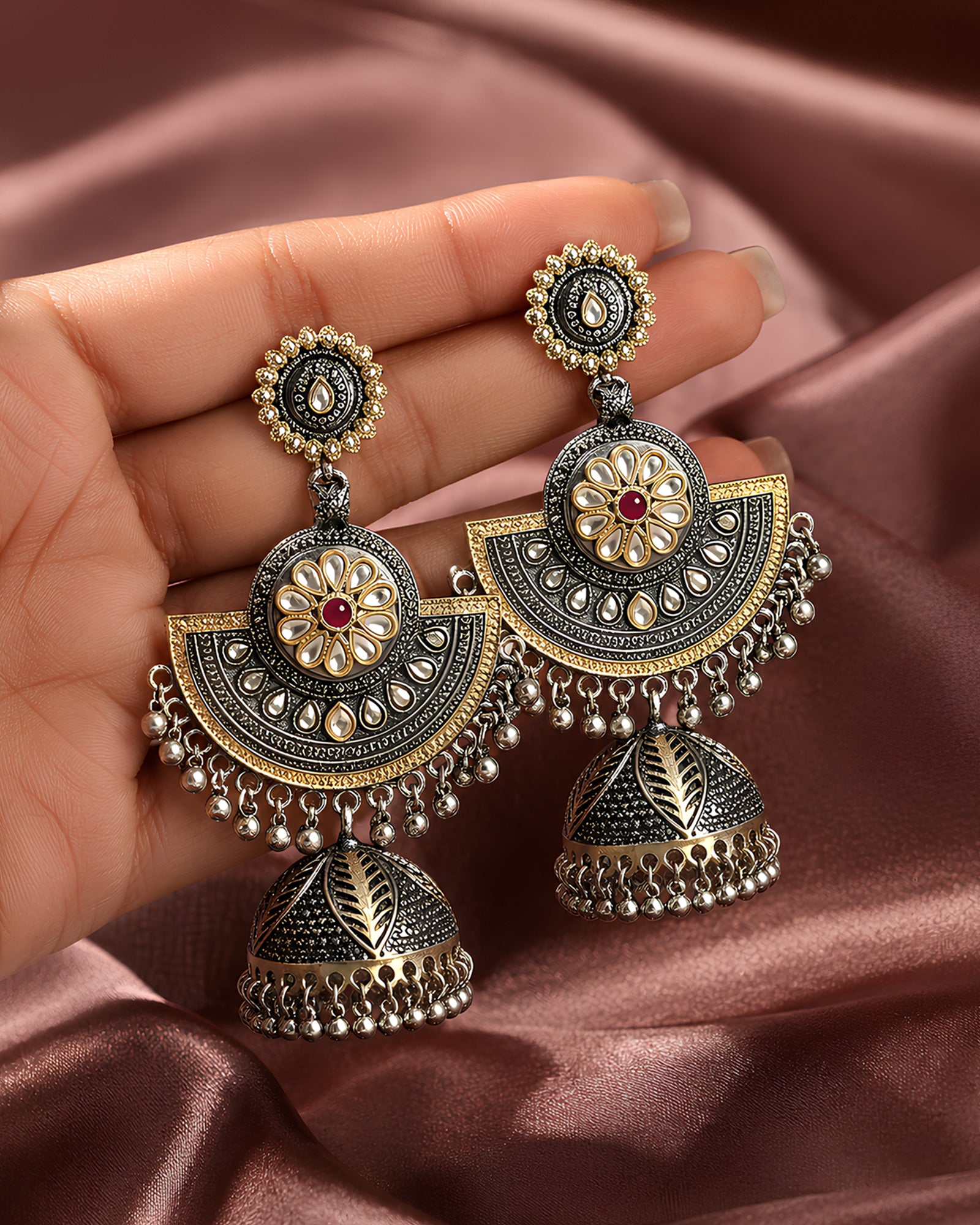 Dark Academia Chandbali-Style Oxidized Jhumkas