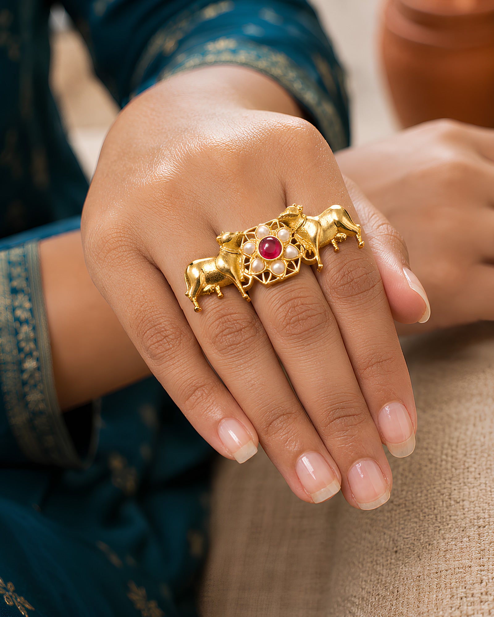 Divine Cow Motif Fusion Ring
