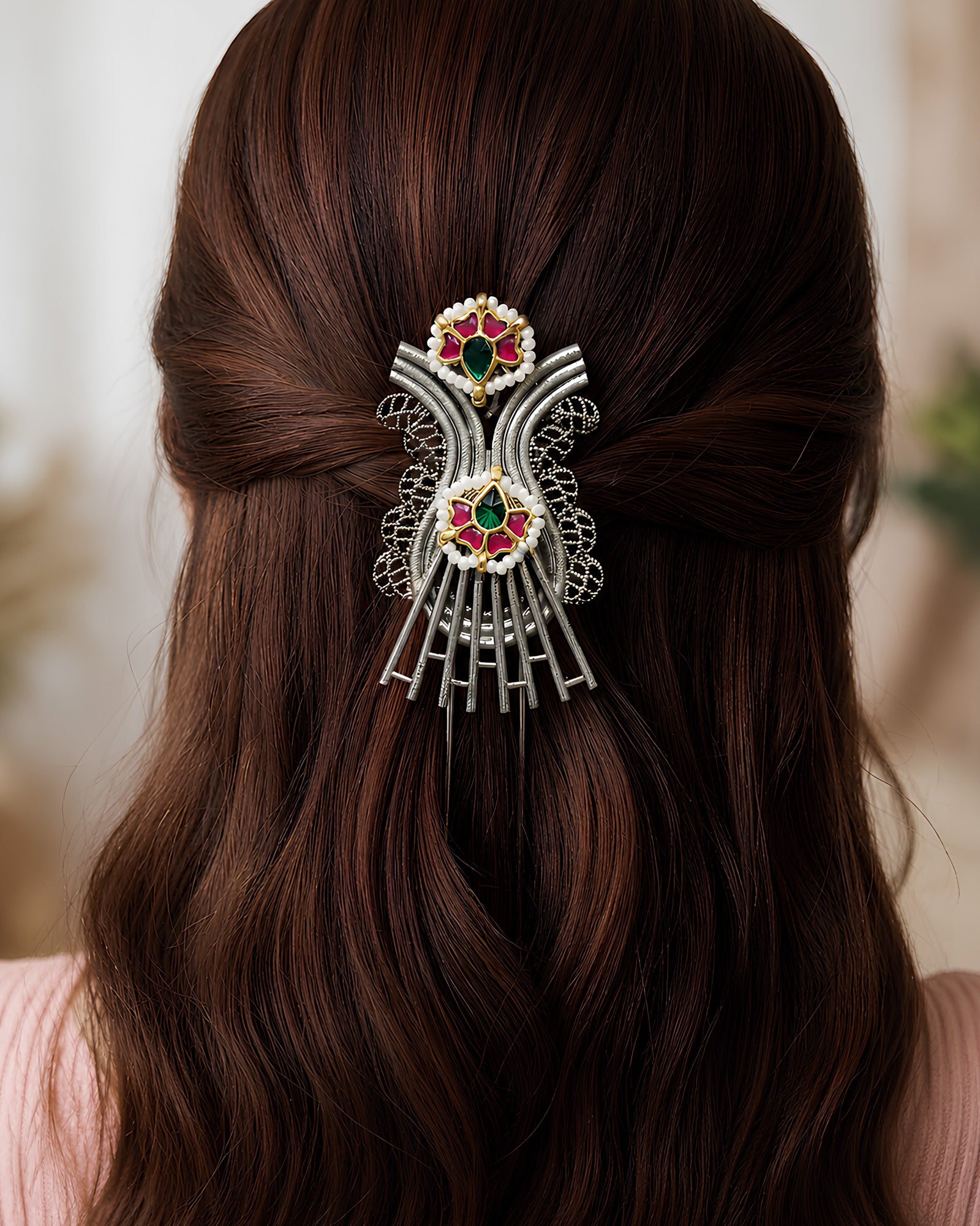 Dual-Lotus Gemstone Hair Fork