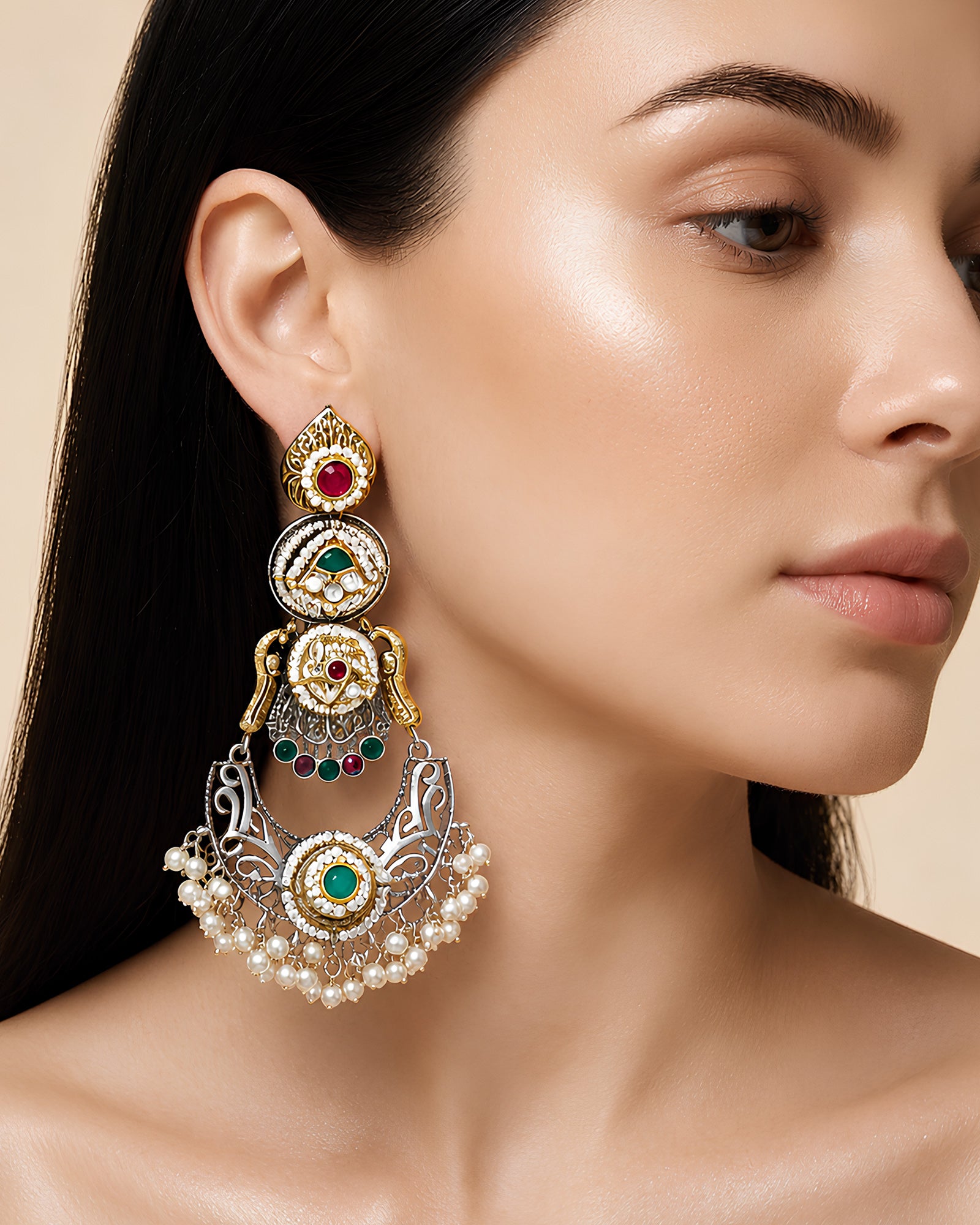 Dual-Tier Meenakari & Pearl Statement Earrings
