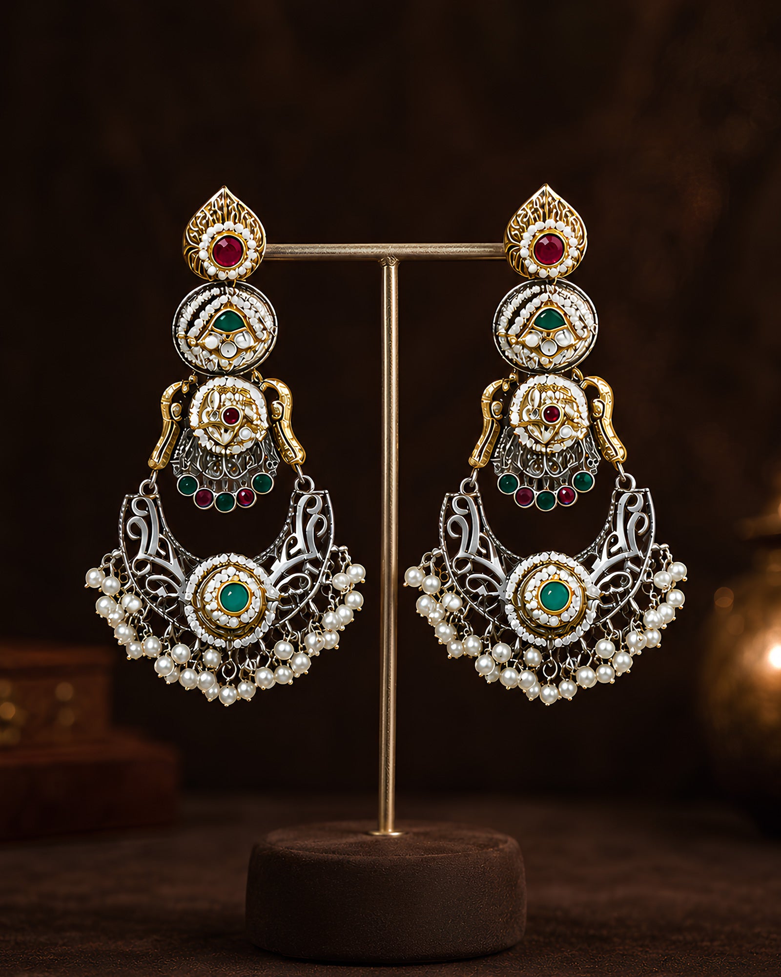 Dual-Tier Meenakari & Pearl Statement Earrings