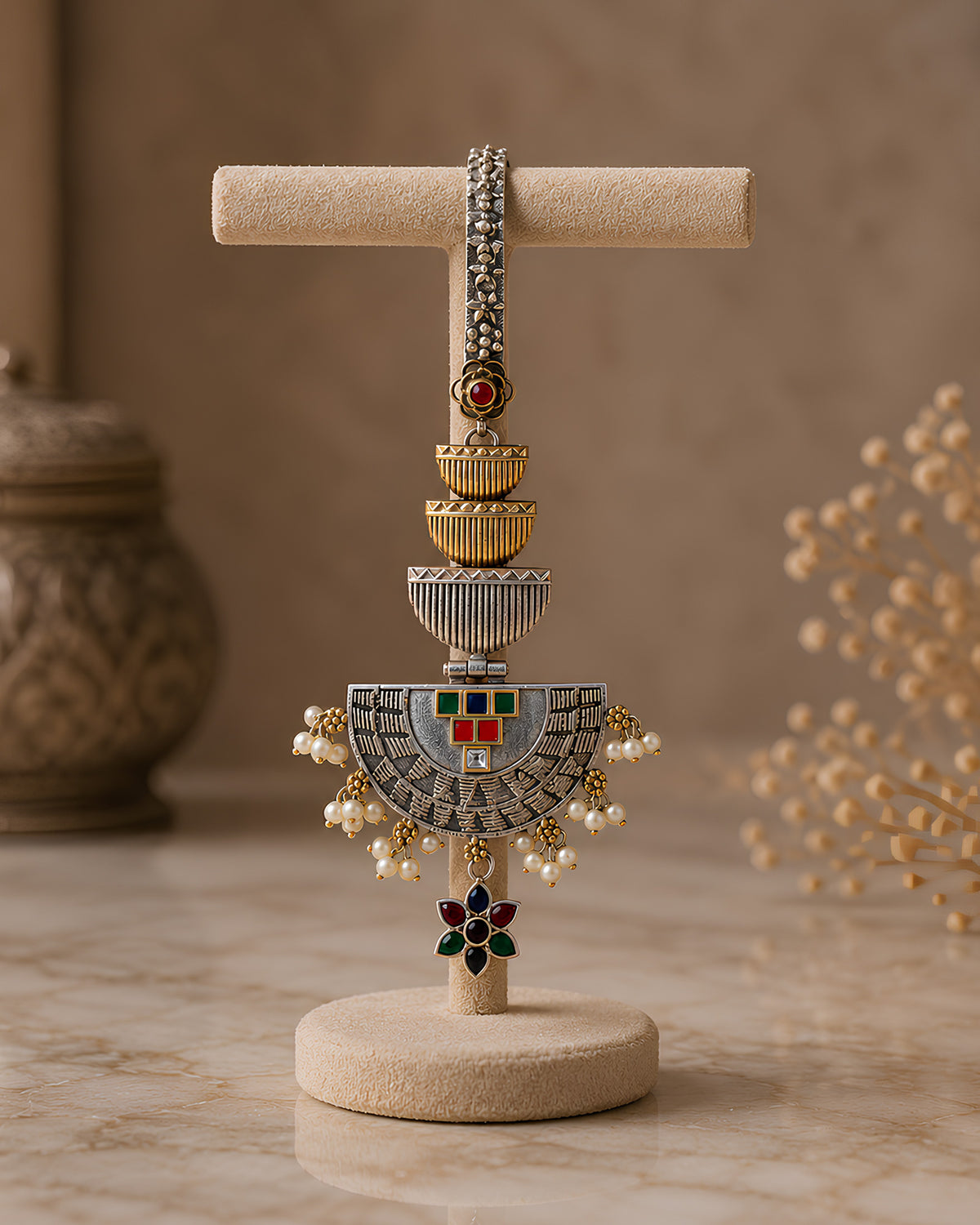 Dual-Tiered Crescent & Gemstone Saree Brooch